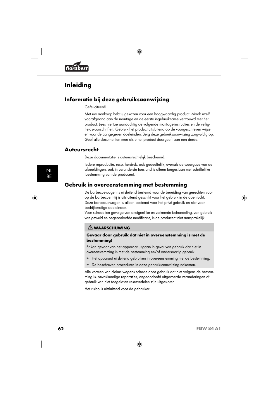 Inleiding, Informatie bij deze gebruiksaanwijzing, Auteursrecht | Gebruik in overeenstemming met bestemming | Florabest FGW 84 A1 User Manual | Page 65 / 88
