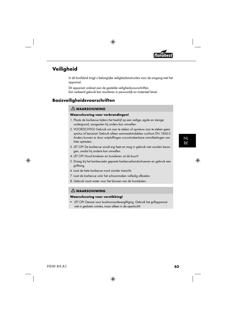 Veiligheid, Basisveiligheidsvoorschriften, Nl be | Florabest FGW 84 A1 User Manual | Page 66 / 88