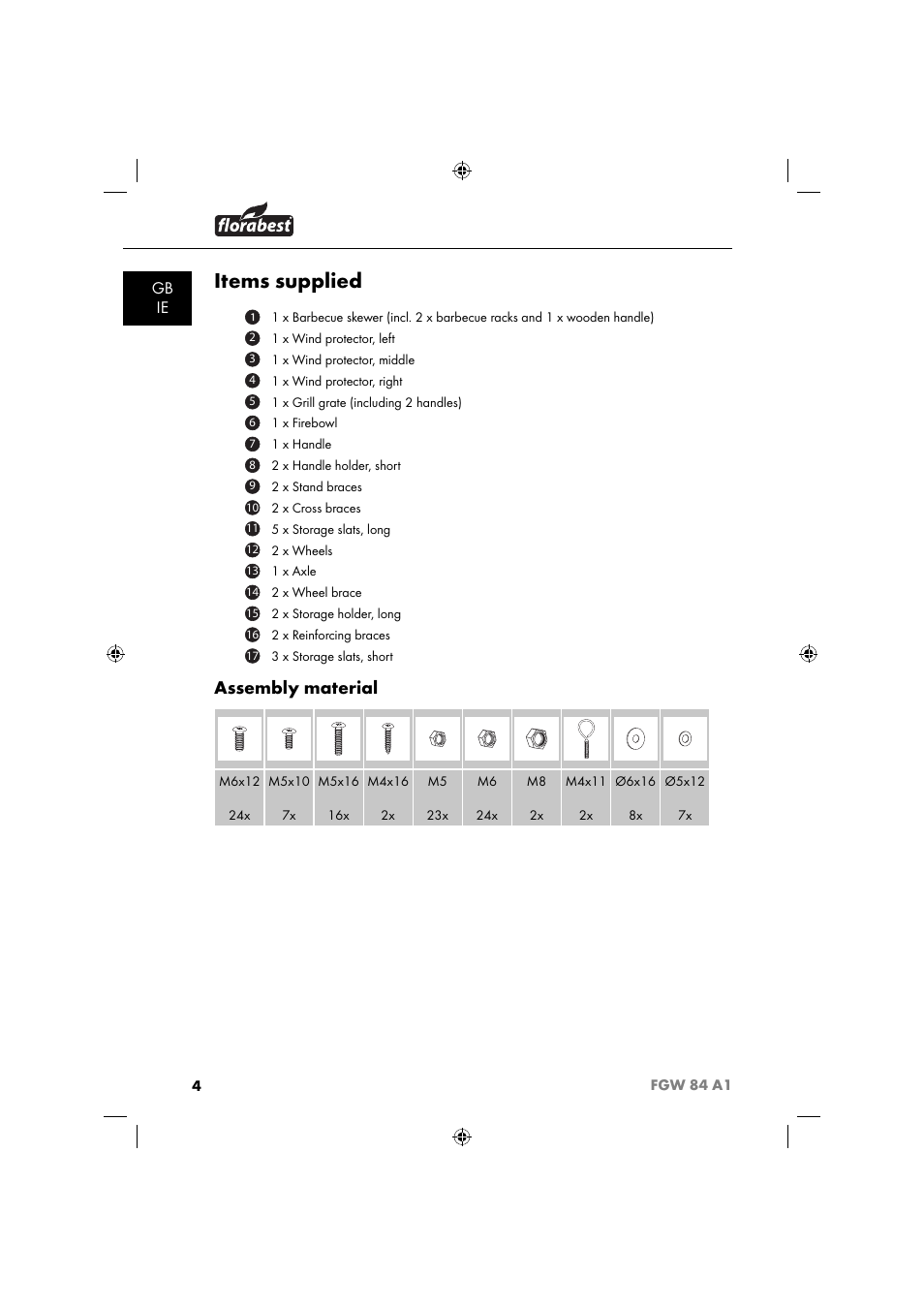 Items supplied, Assembly material, Gb ie | Florabest FGW 84 A1 User Manual | Page 7 / 88