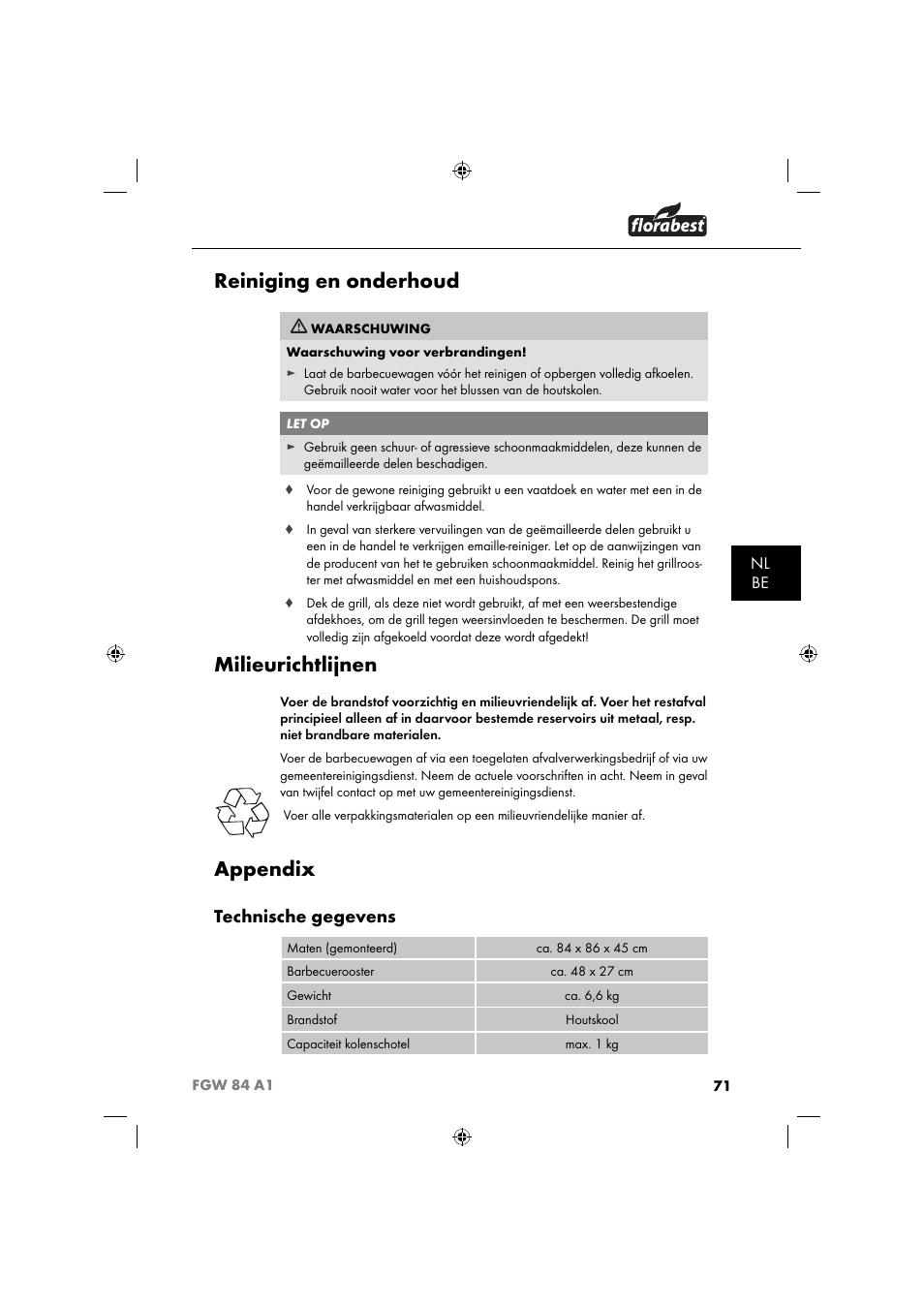 Reiniging en onderhoud, Milieurichtlijnen, Appendix | Technische gegevens, Nl be | Florabest FGW 84 A1 User Manual | Page 74 / 88