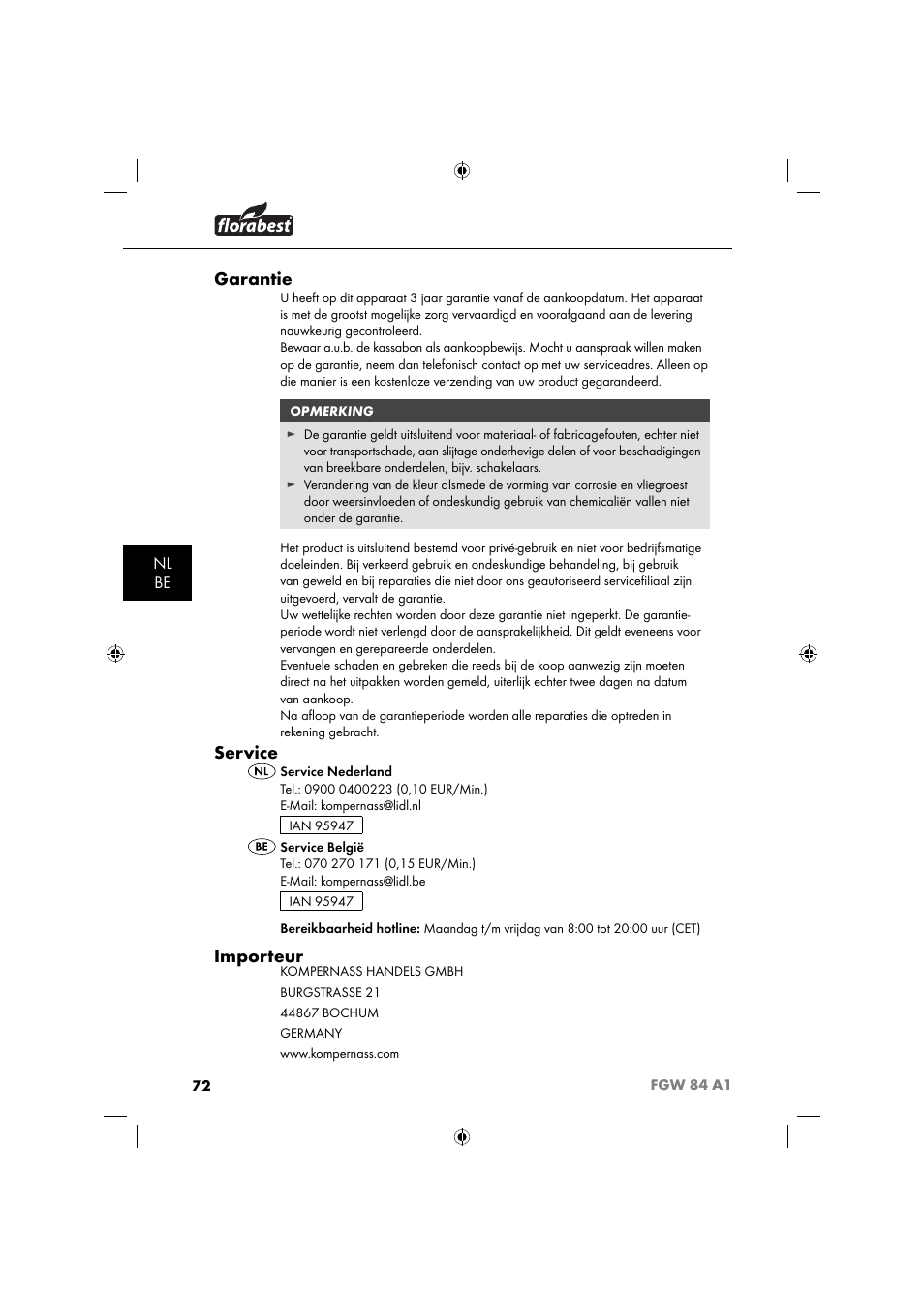 Garantie, Service, Importeur | Nl be | Florabest FGW 84 A1 User Manual | Page 75 / 88