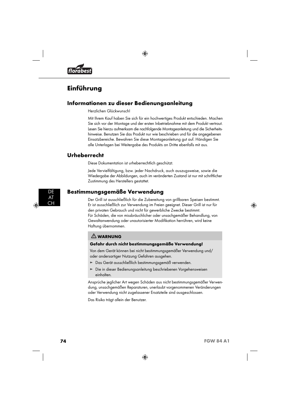 Einführung, Informationen zu dieser bedienungsanleitung, Urheberrecht | Bestimmungsgemäße verwendung | Florabest FGW 84 A1 User Manual | Page 77 / 88