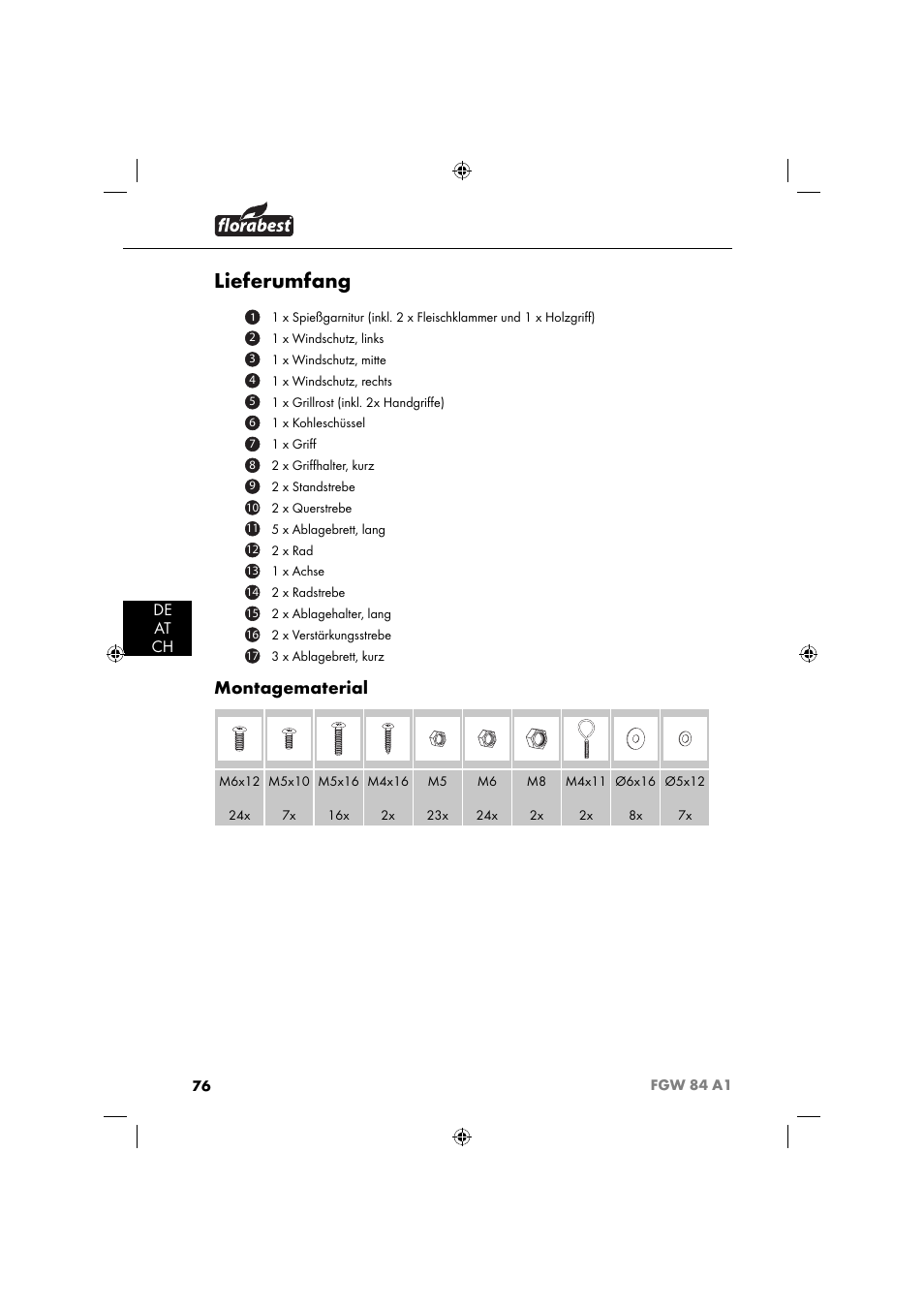 Lieferumfang, Montagematerial, De at ch | Florabest FGW 84 A1 User Manual | Page 79 / 88
