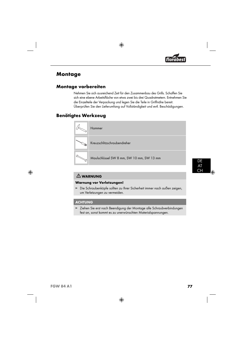 Montage, Montage vorbereiten, Benötigtes werkzeug | De at ch | Florabest FGW 84 A1 User Manual | Page 80 / 88