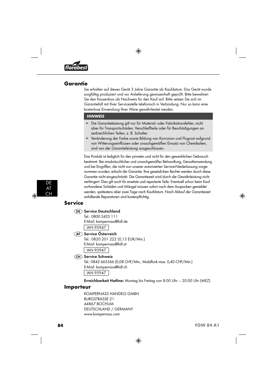 Garantie, Service, Importeur | De at ch | Florabest FGW 84 A1 User Manual | Page 87 / 88