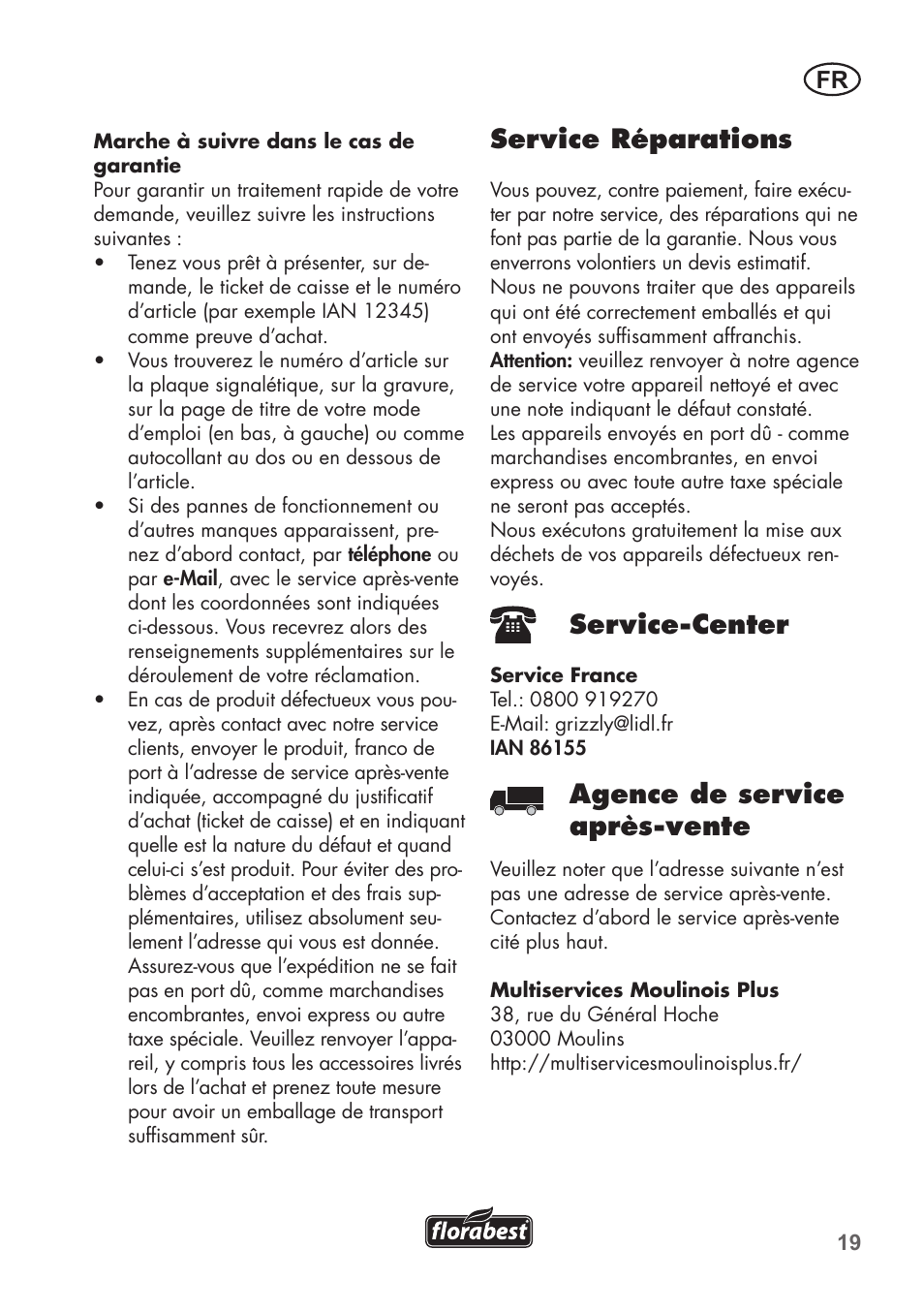 Service réparations, Service-center, Agence de service après-vente | Florabest FAH 18 B2 User Manual | Page 19 / 58