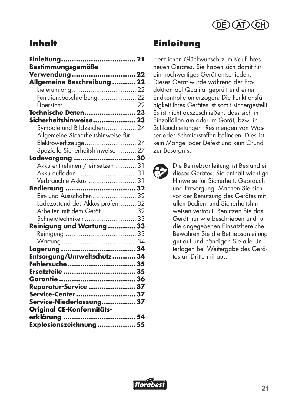 Inhalt, Einleitung, De at ch | Florabest FAH 18 B2 User Manual | Page 21 / 58