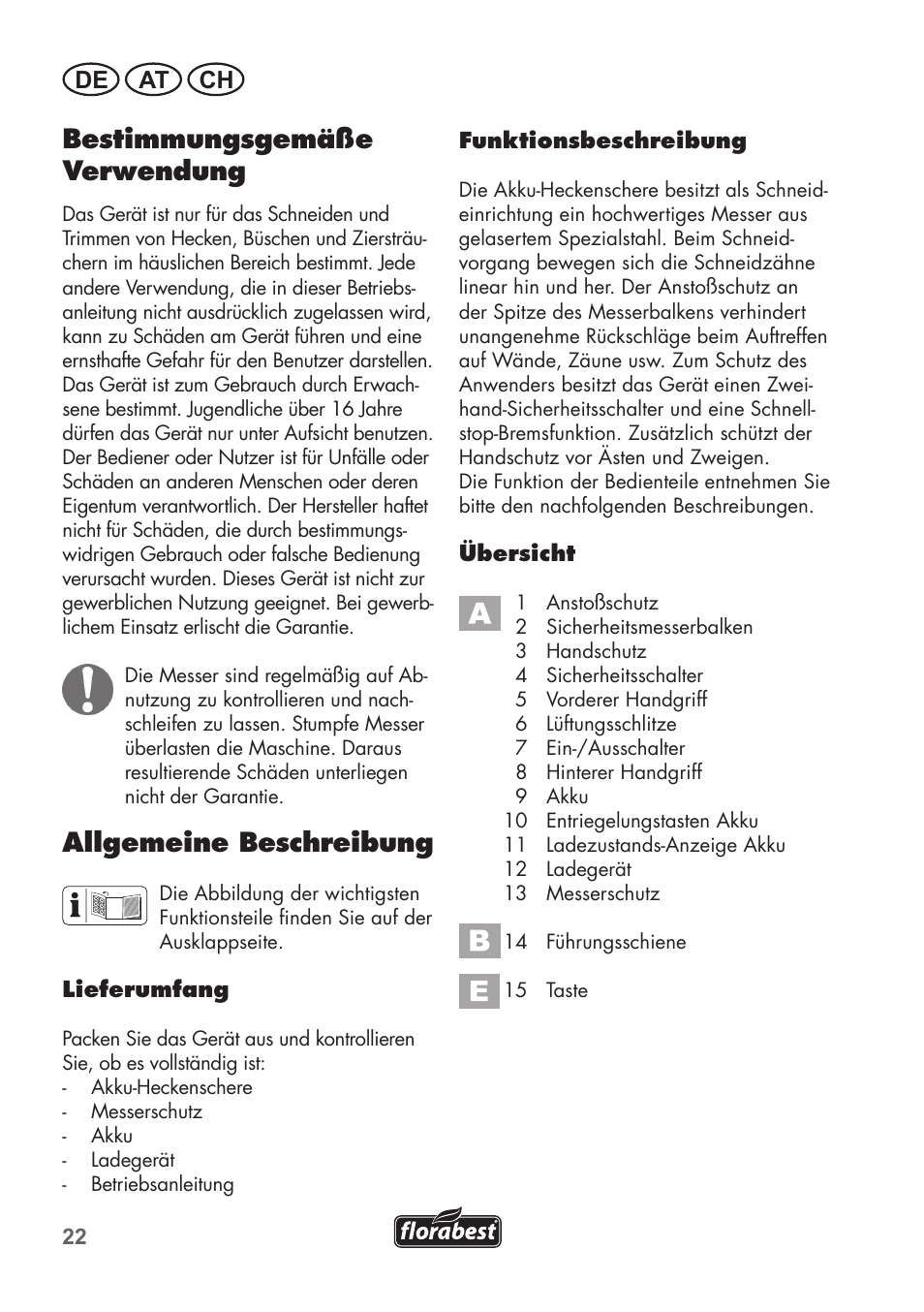 Bestimmungsgemäße verwendung, Allgemeine beschreibung, De at ch | Florabest FAH 18 B2 User Manual | Page 22 / 58