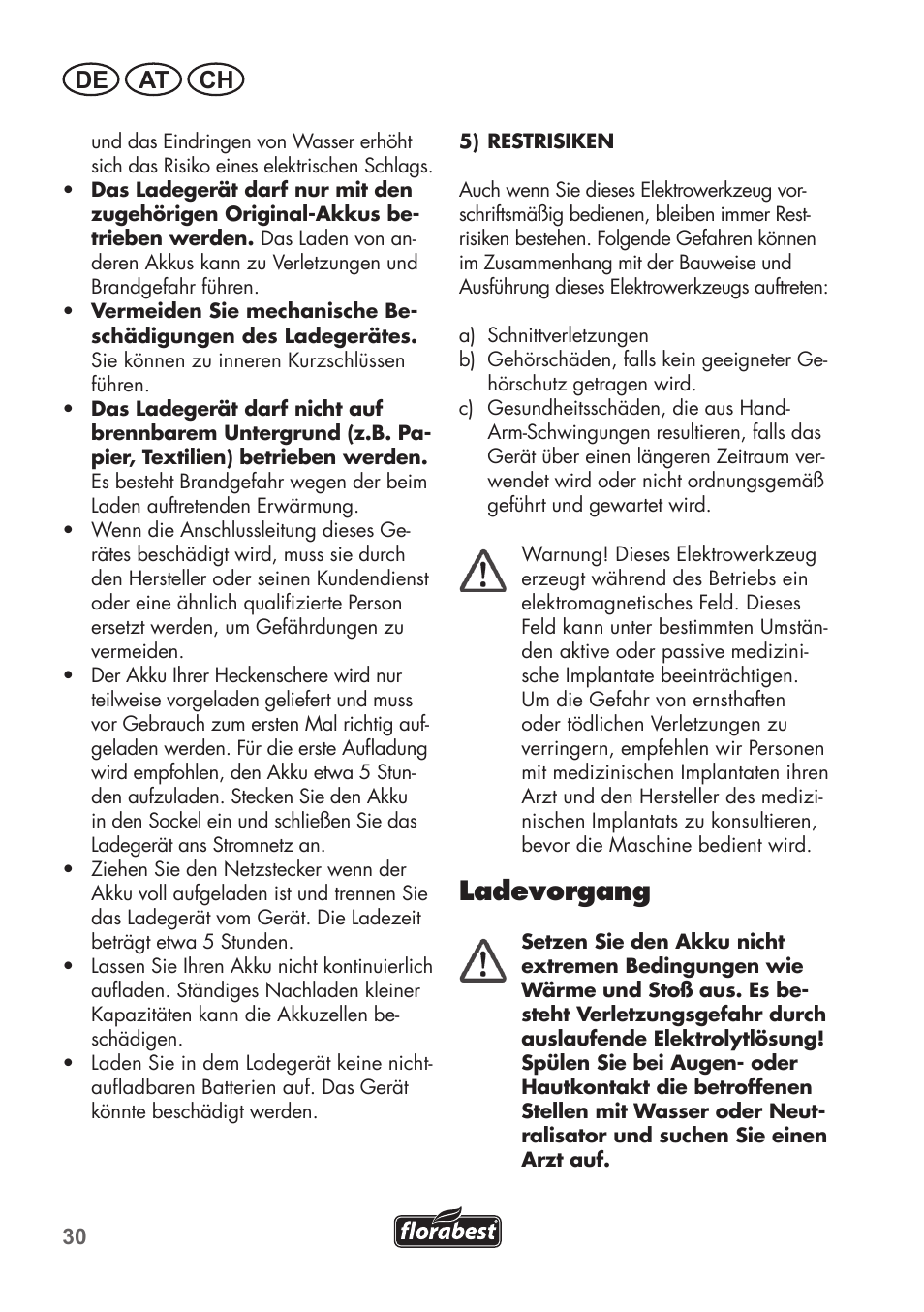 Ladevorgang, De at ch | Florabest FAH 18 B2 User Manual | Page 30 / 58