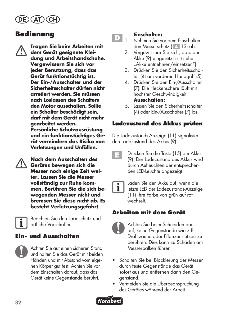 Bedienung, De at ch | Florabest FAH 18 B2 User Manual | Page 32 / 58