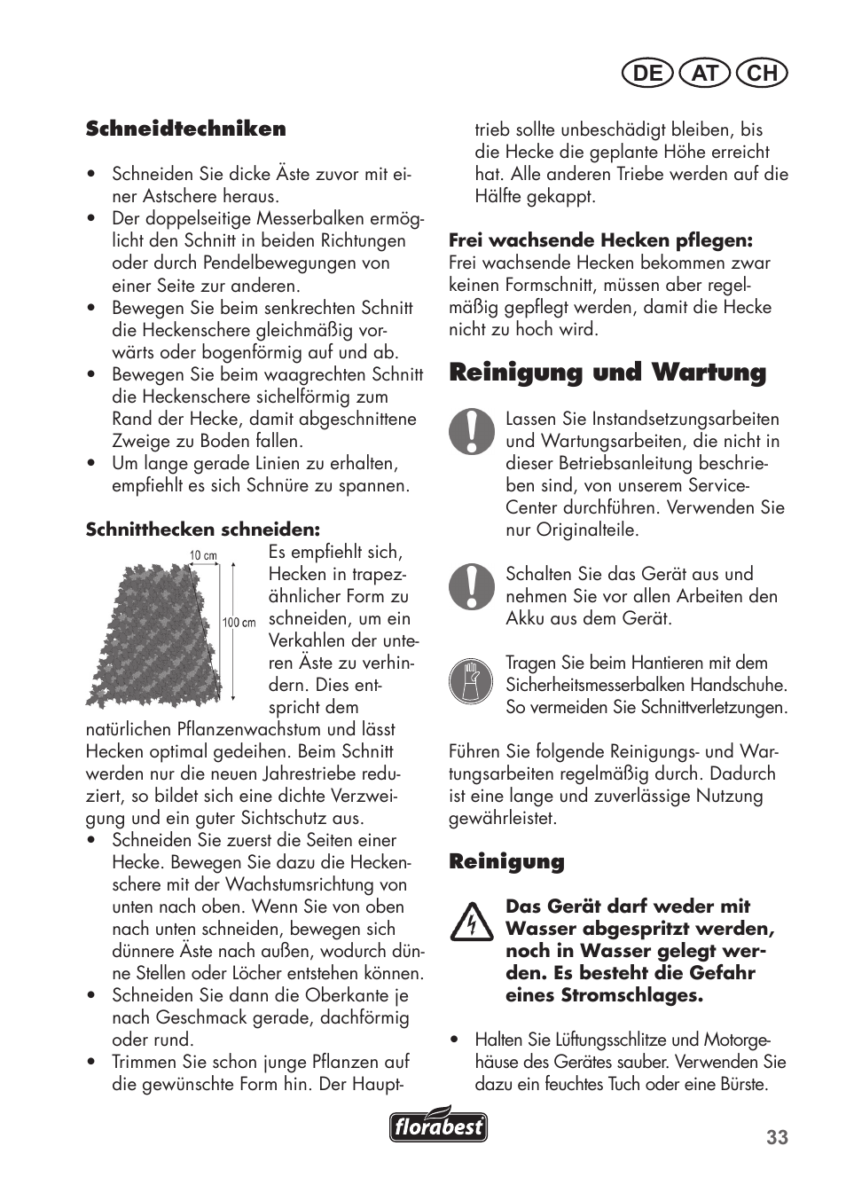 Reinigung und wartung, De at ch | Florabest FAH 18 B2 User Manual | Page 33 / 58