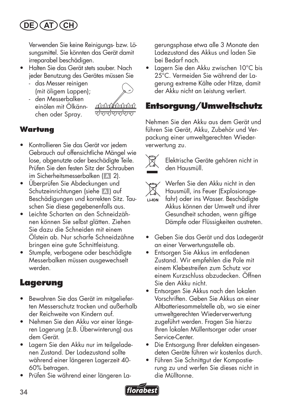 Lagerung, Entsorgung/umweltschutz, De at ch | Florabest FAH 18 B2 User Manual | Page 34 / 58