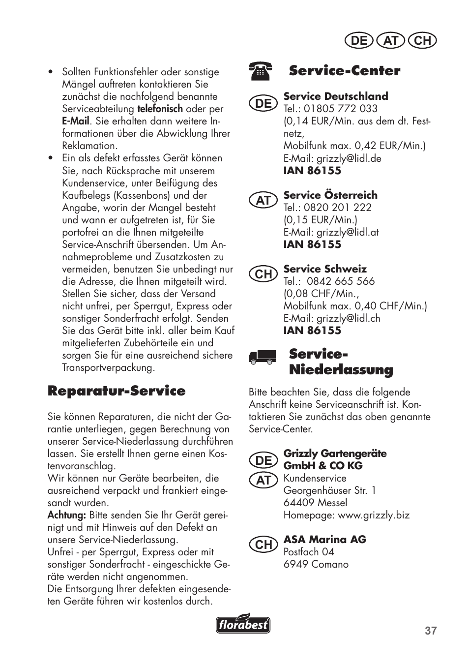 Reparatur-service, Service-center, Service- niederlassung | De at ch, De at at ch ch | Florabest FAH 18 B2 User Manual | Page 37 / 58