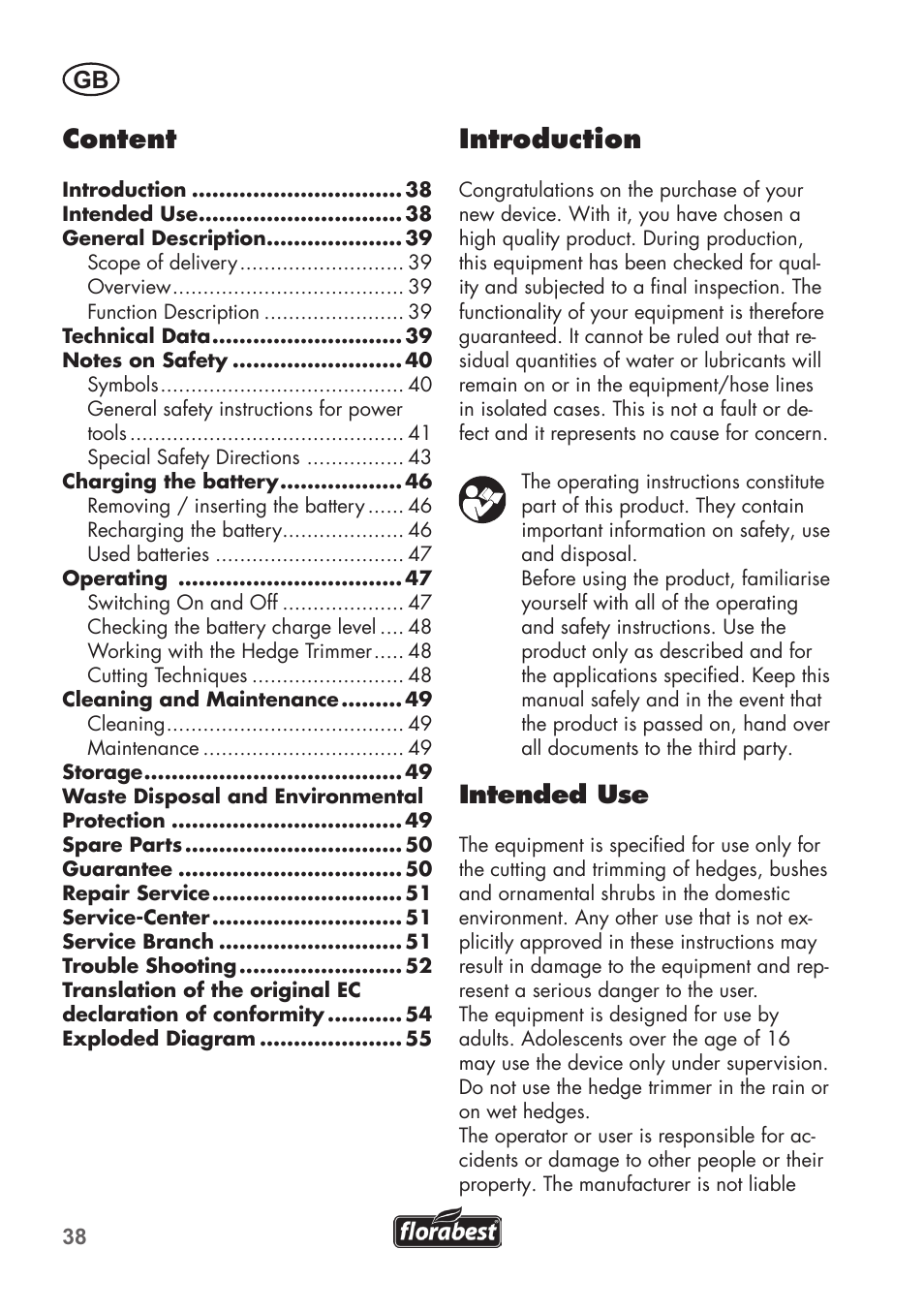 Content, Introduction, Intended use | Florabest FAH 18 B2 User Manual | Page 38 / 58