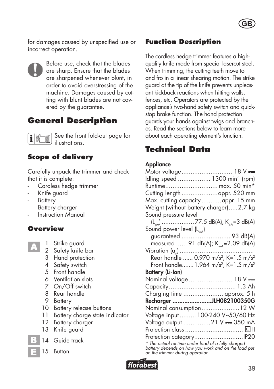 General description, Technical data | Florabest FAH 18 B2 User Manual | Page 39 / 58
