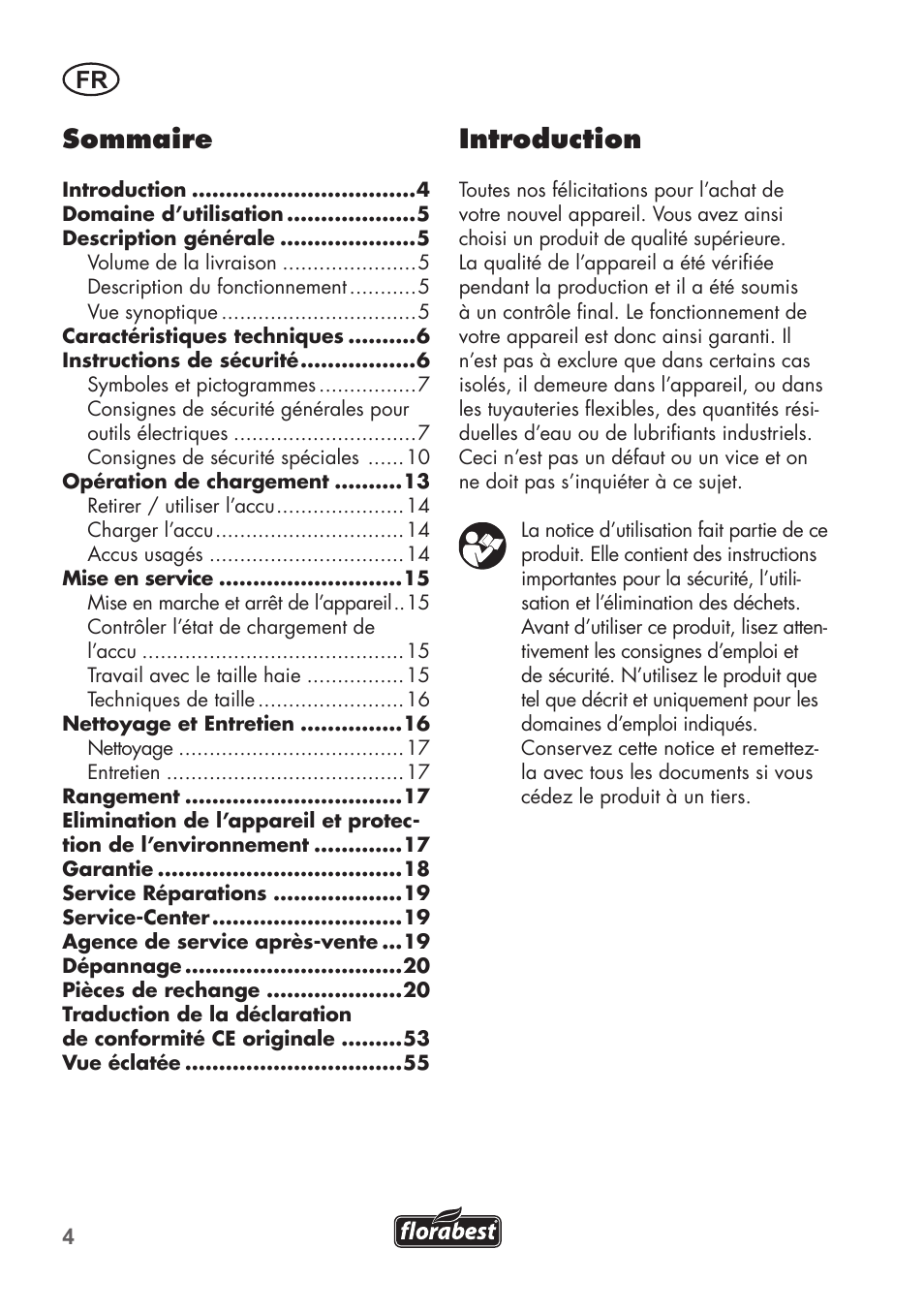 Introduction, Sommaire | Florabest FAH 18 B2 User Manual | Page 4 / 58