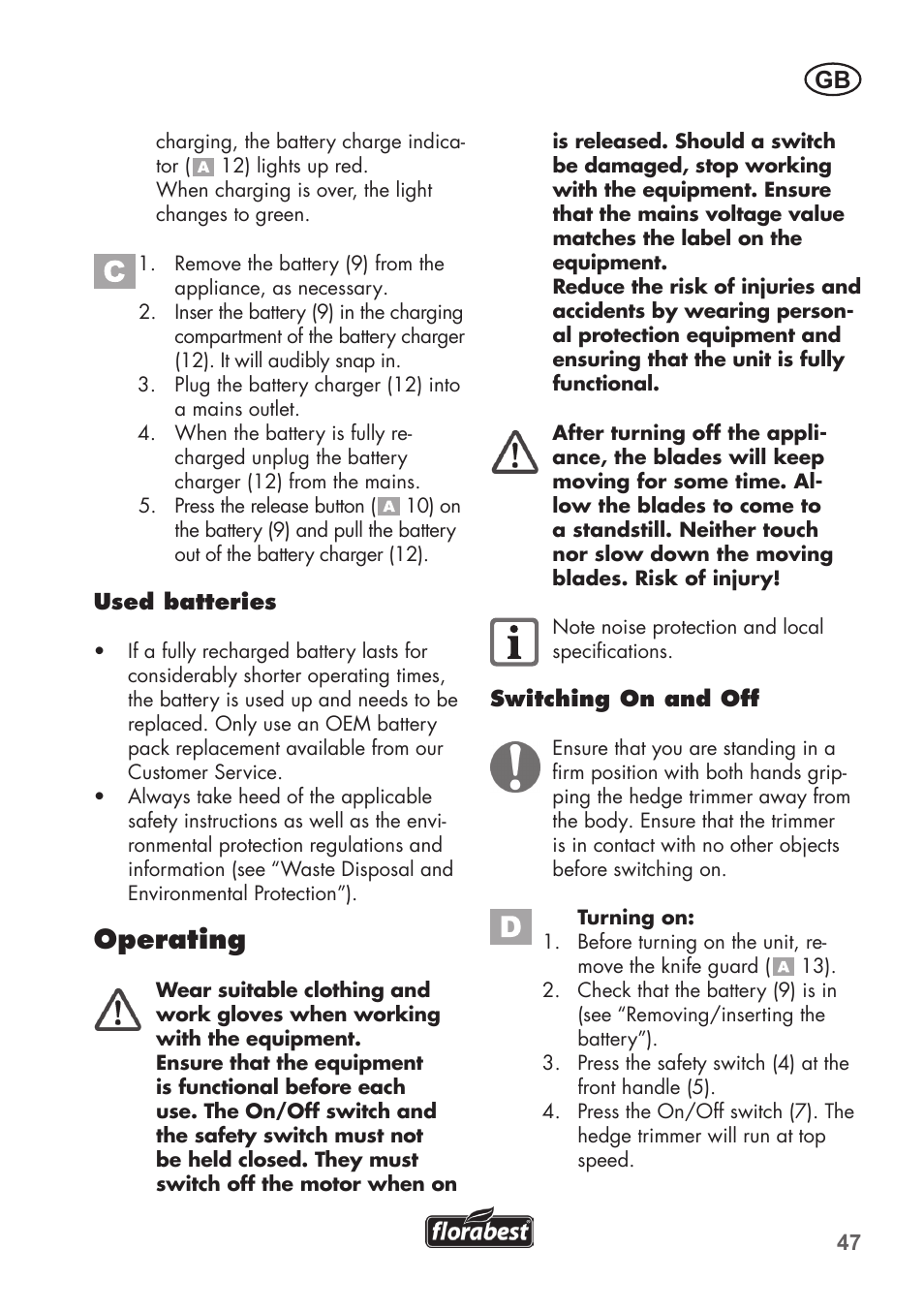 Operating | Florabest FAH 18 B2 User Manual | Page 47 / 58