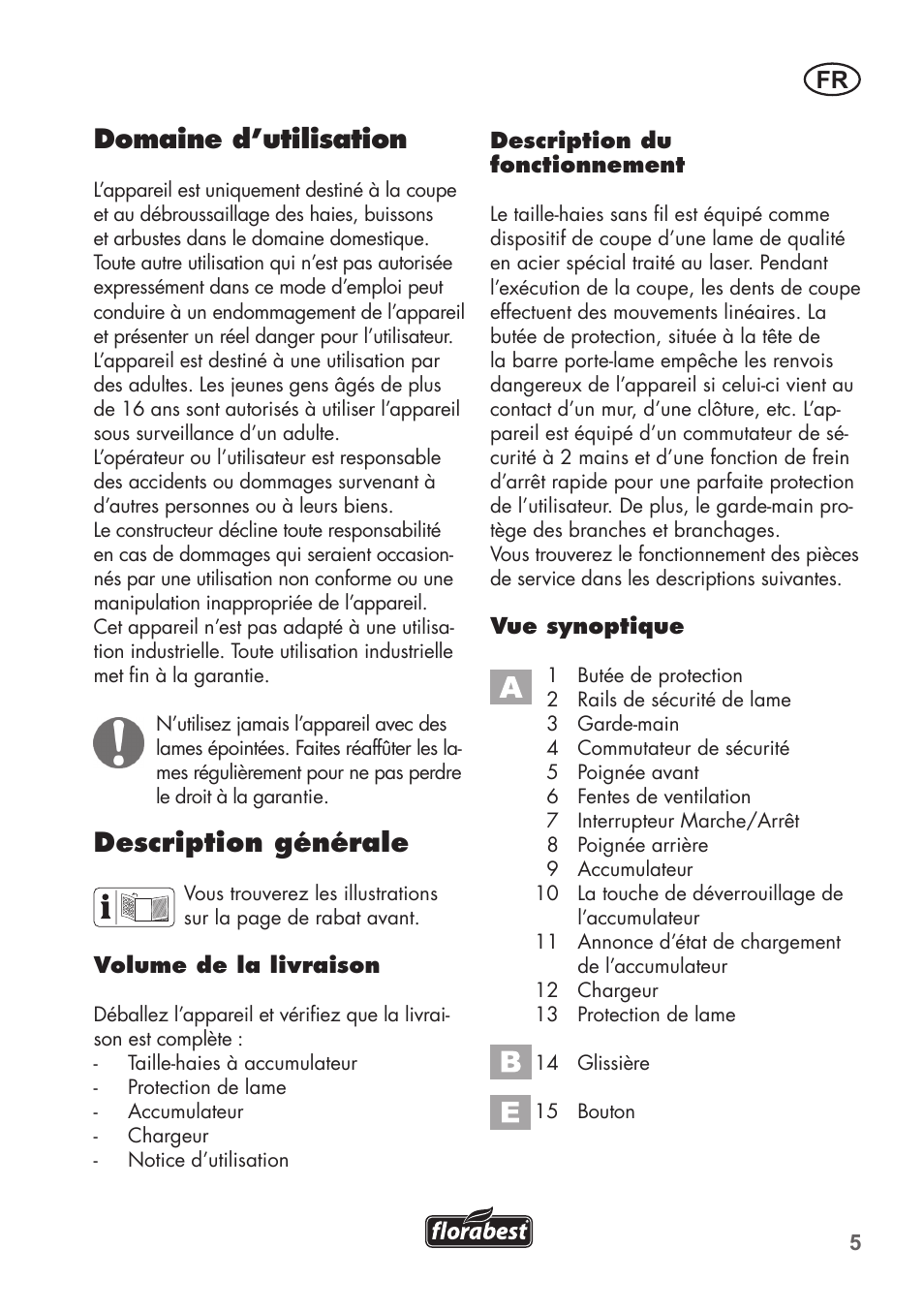 Domaine d’utilisation, Description générale | Florabest FAH 18 B2 User Manual | Page 5 / 58