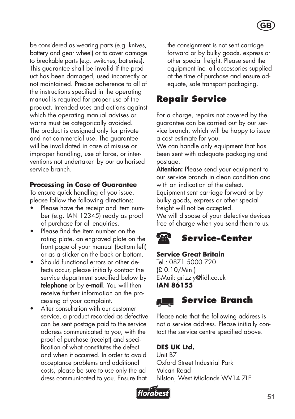 Repair service, Service-center, Service branch | Florabest FAH 18 B2 User Manual | Page 51 / 58