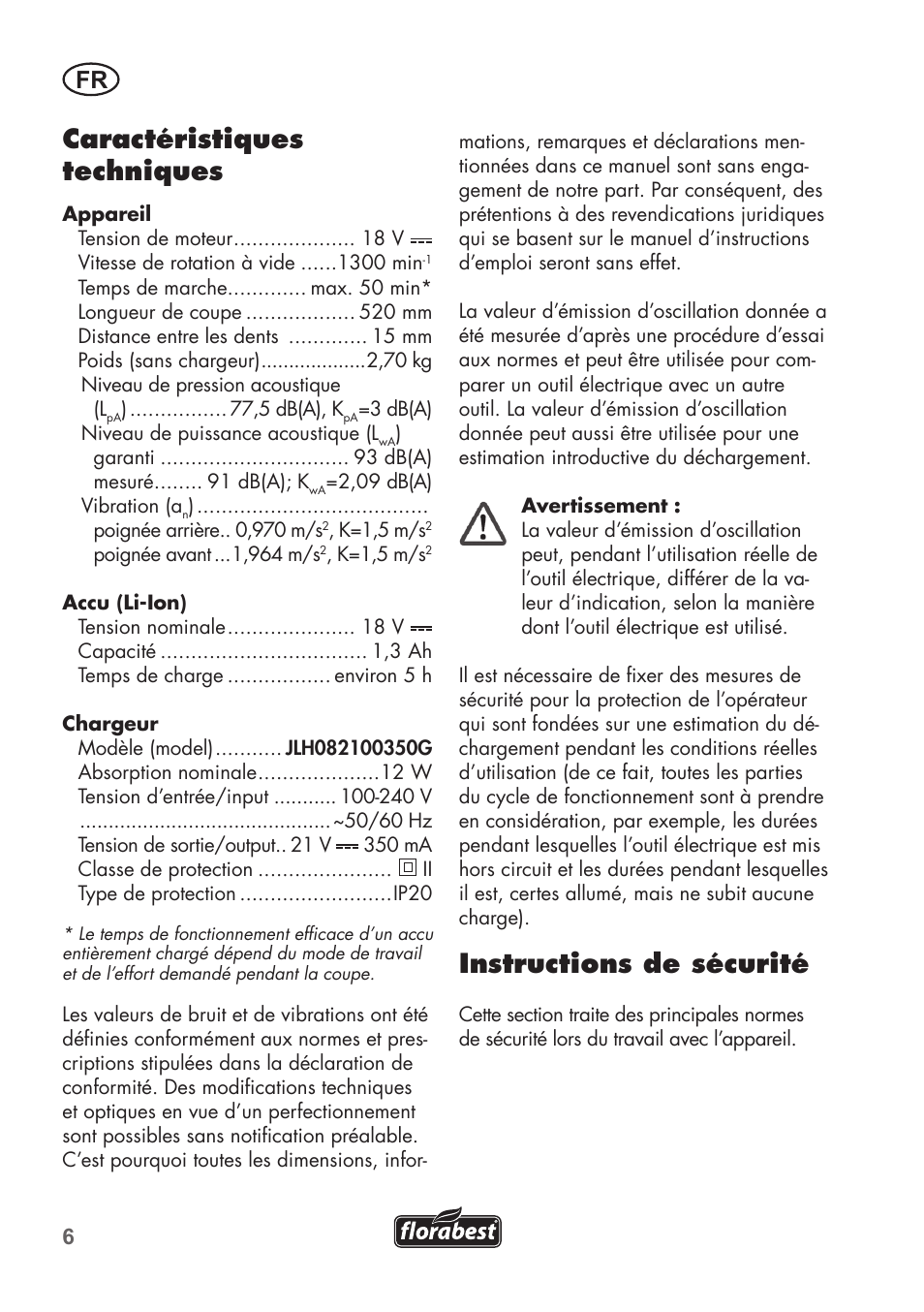 Caractéristiques techniques, Instructions de sécurité | Florabest FAH 18 B2 User Manual | Page 6 / 58