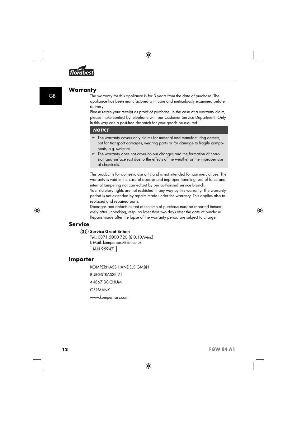 Warranty, Service, Importer | Florabest FGW 84 A1 User Manual | Page 15 / 88