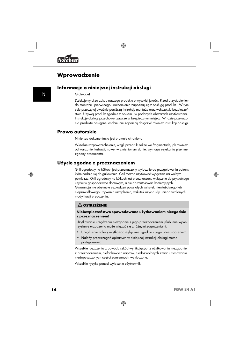 Wprowadzenie, Informacje o niniejszej instrukcji obsługi, Prawo autorskie | Użycie zgodne z przeznaczeniem | Florabest FGW 84 A1 User Manual | Page 17 / 88
