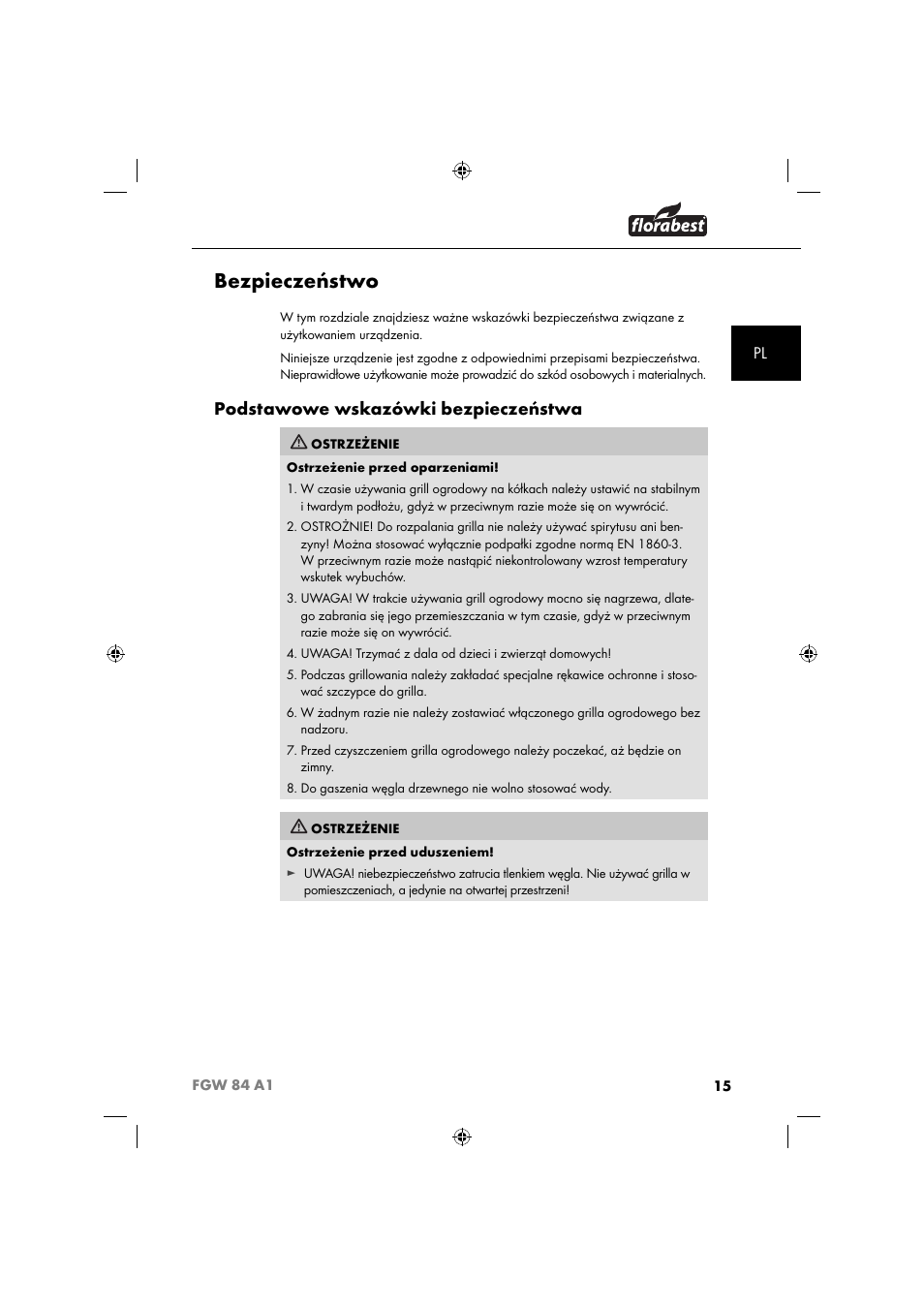 Bezpieczeństwo, Podstawowe wskazówki bezpieczeństwa | Florabest FGW 84 A1 User Manual | Page 18 / 88