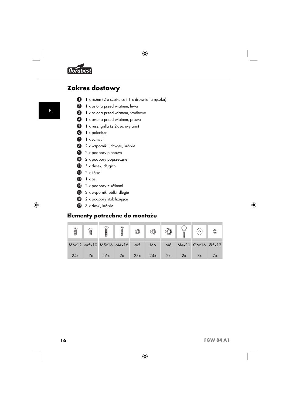 Zakres dostawy, Elementy potrzebne do montażu | Florabest FGW 84 A1 User Manual | Page 19 / 88