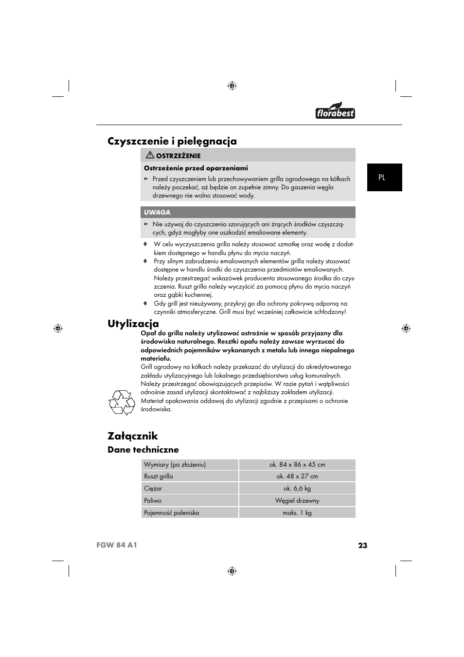 Czyszczenie i pielęgnacja, Utylizacja, Załącznik | Dane techniczne | Florabest FGW 84 A1 User Manual | Page 26 / 88