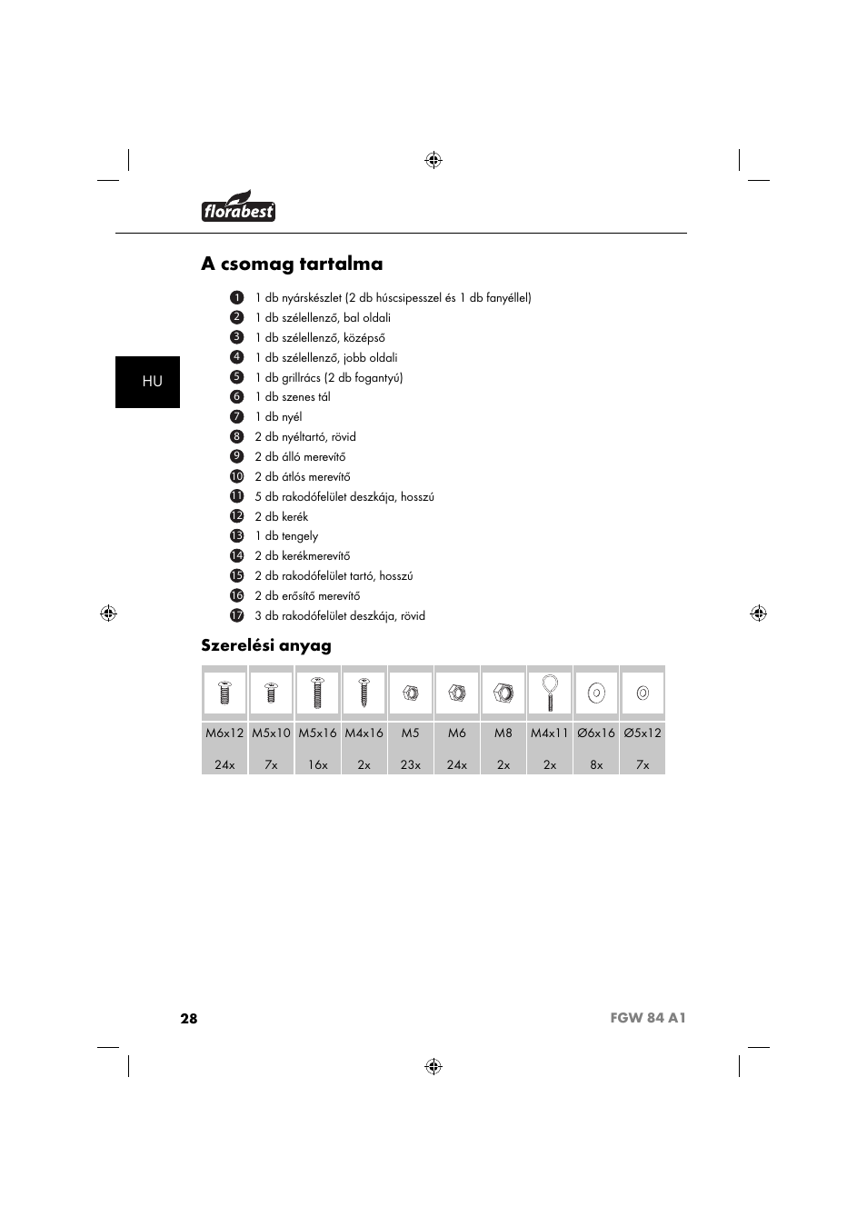 A csomag tartalma, Szerelési anyag | Florabest FGW 84 A1 User Manual | Page 31 / 88