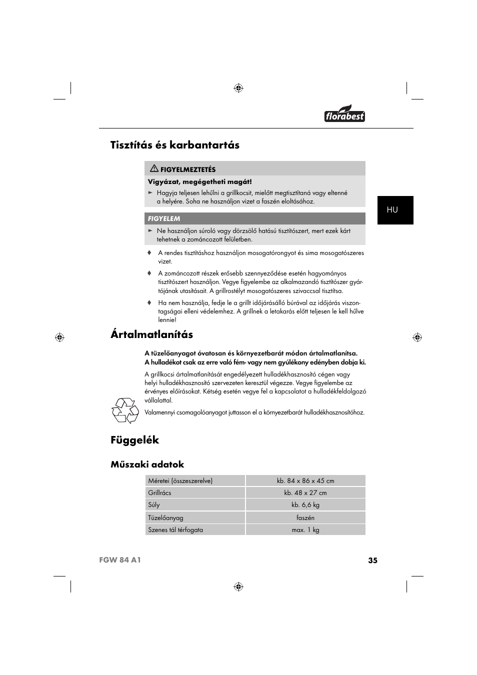 Tisztítás és karbantartás, Ártalmatlanítás, Függelék | Műszaki adatok | Florabest FGW 84 A1 User Manual | Page 38 / 88