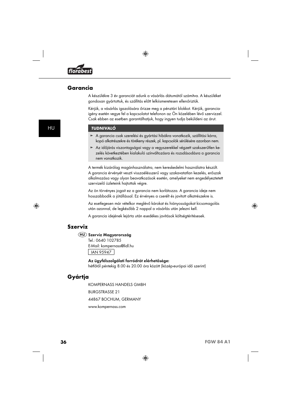 Garancia, Szerviz, Gyártja | Florabest FGW 84 A1 User Manual | Page 39 / 88