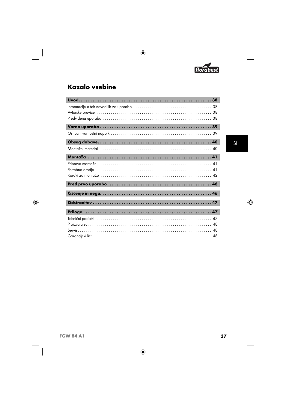 Kazalo vsebine | Florabest FGW 84 A1 User Manual | Page 40 / 88