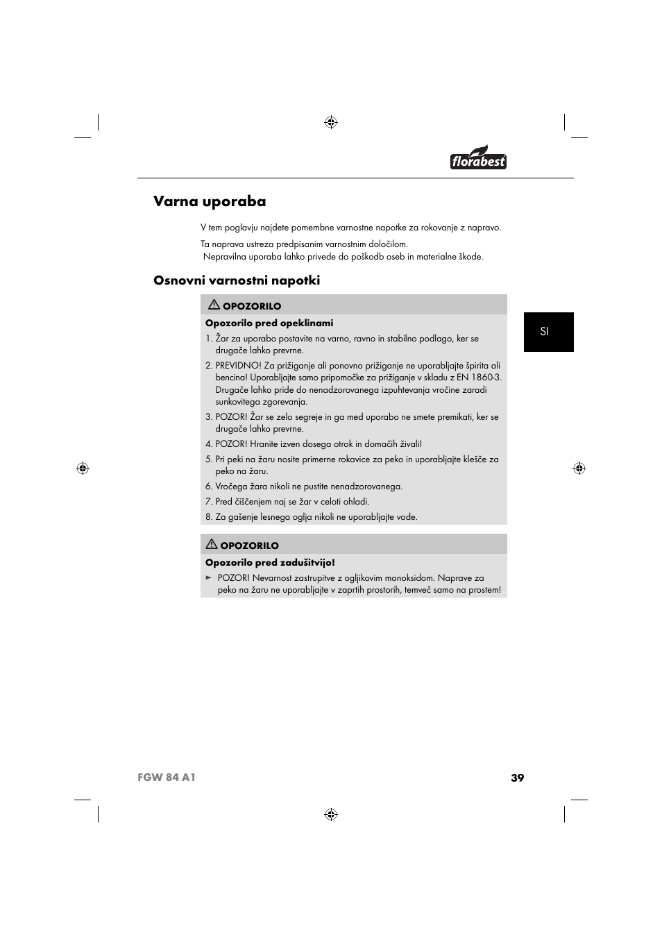Varna uporaba, Osnovni varnostni napotki | Florabest FGW 84 A1 User Manual | Page 42 / 88