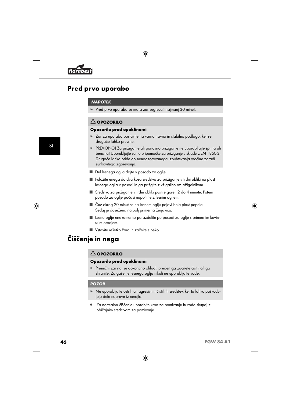 Pred prvo uporabo, Čiščenje in nega | Florabest FGW 84 A1 User Manual | Page 49 / 88