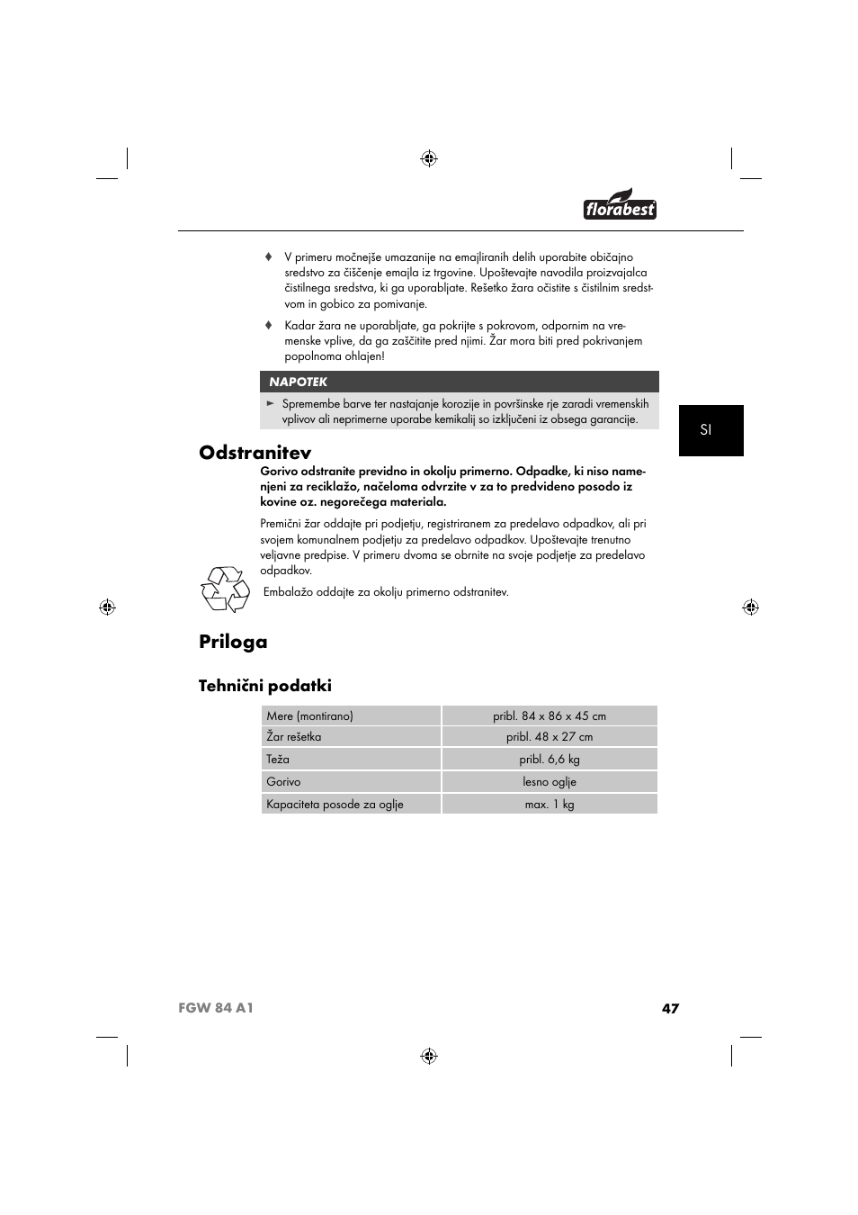 Odstranitev, Priloga, Tehnični podatki | Florabest FGW 84 A1 User Manual | Page 50 / 88