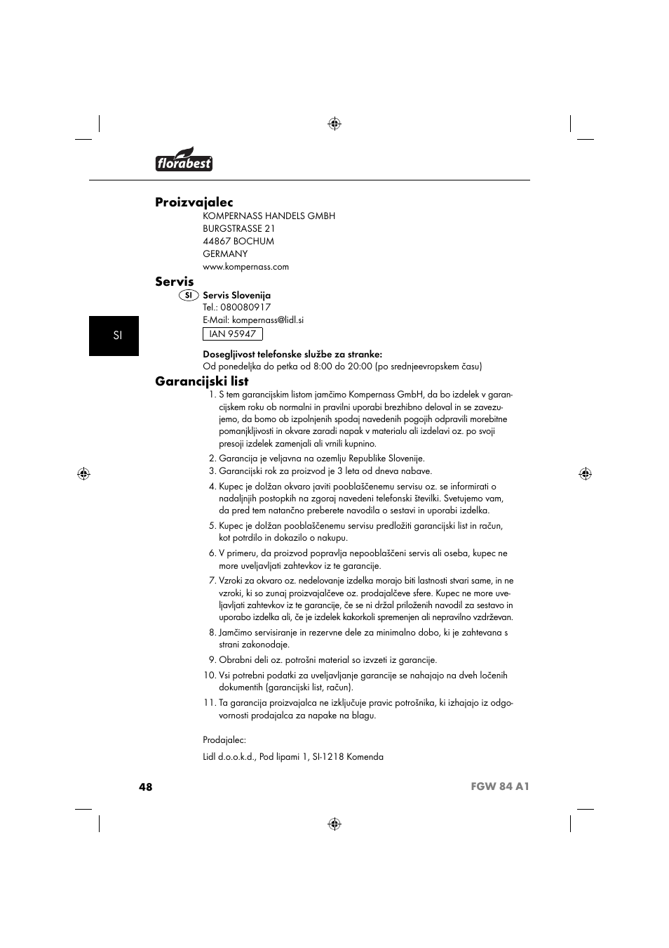 Proizvajalec, Servis, Garancijski list | Florabest FGW 84 A1 User Manual | Page 51 / 88