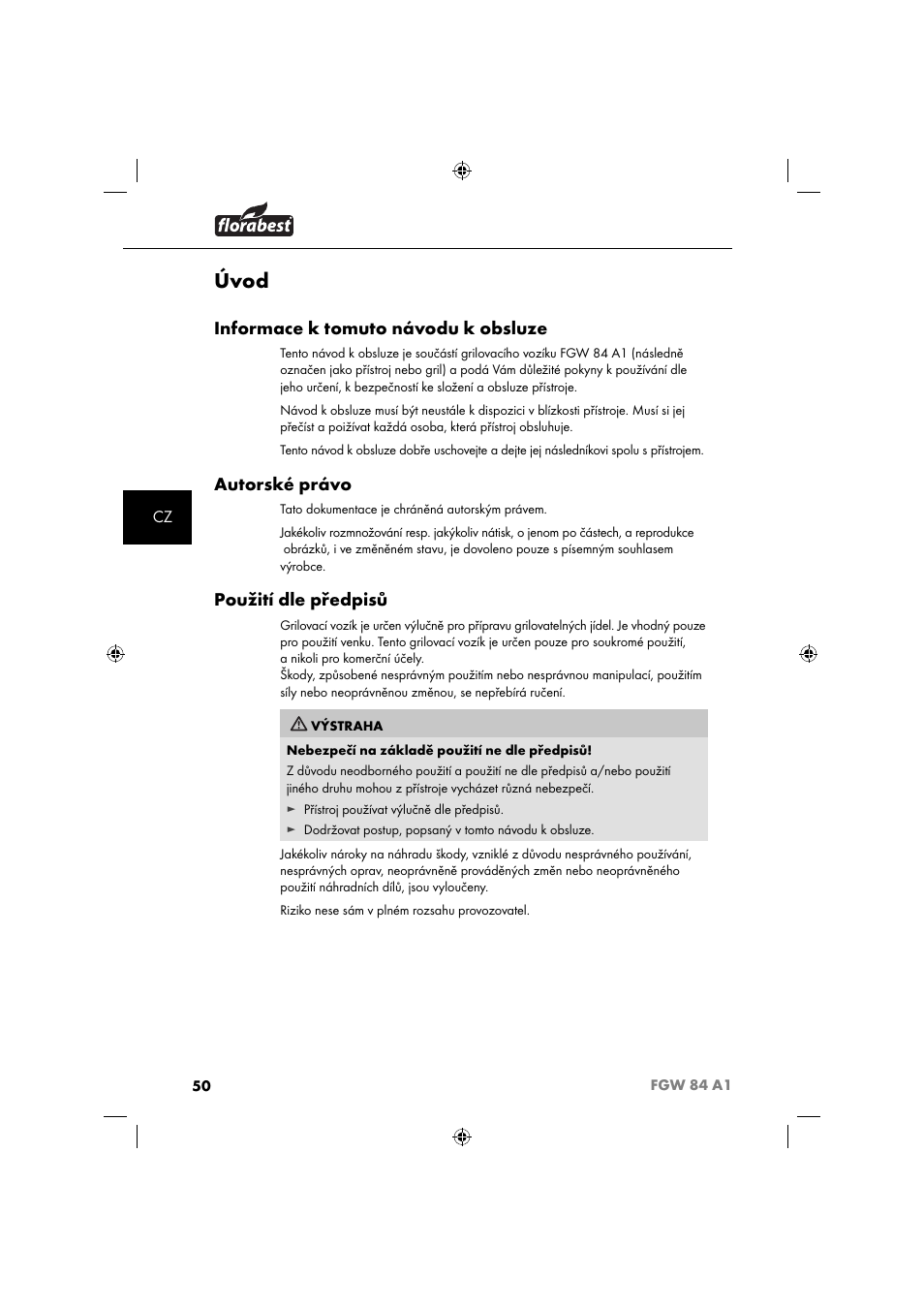 Úvod, Informace k tomuto návodu k obsluze, Autorské právo | Použití dle předpisů | Florabest FGW 84 A1 User Manual | Page 53 / 88