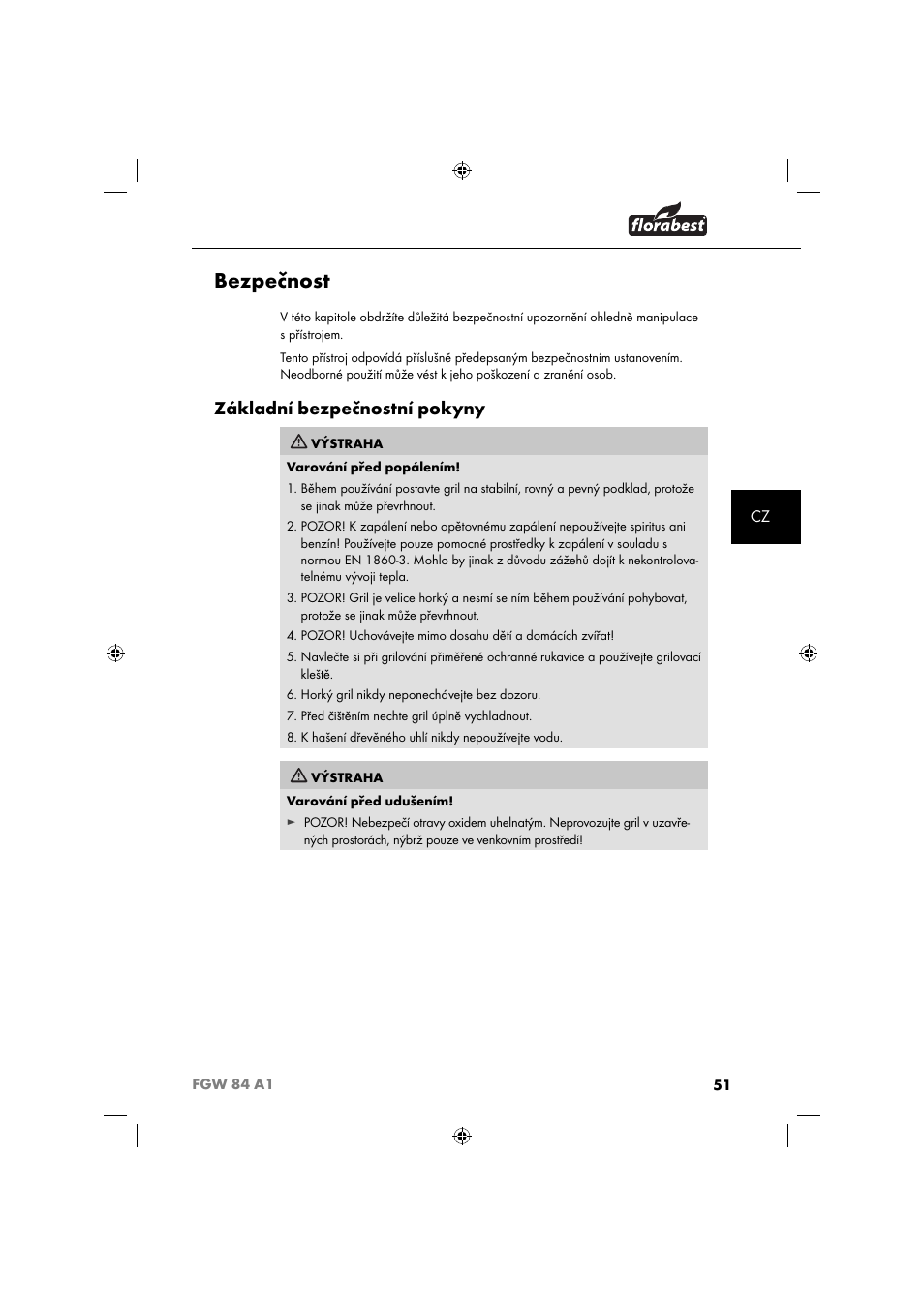 Bezpečnost, Základní bezpečnostní pokyny | Florabest FGW 84 A1 User Manual | Page 54 / 88