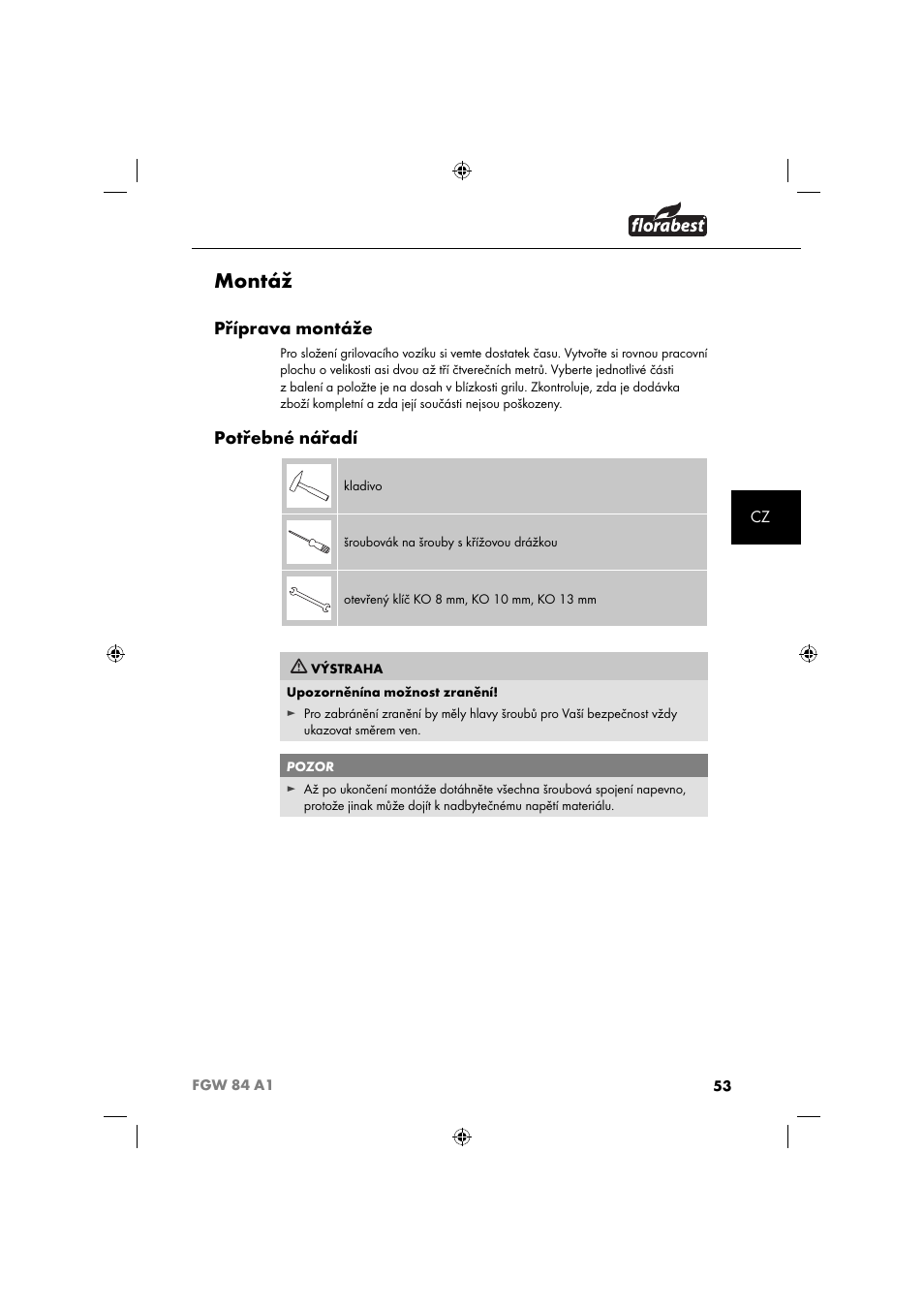 Montáž, Příprava montáže, Potřebné nářadí | Florabest FGW 84 A1 User Manual | Page 56 / 88