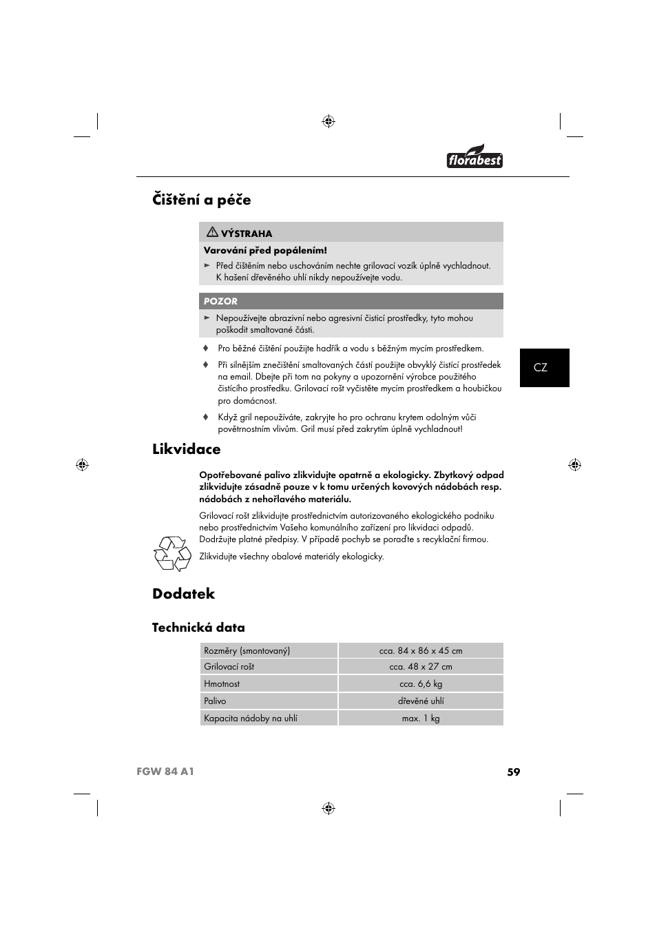 Čištění a péče, Likvidace, Dodatek | Technická data | Florabest FGW 84 A1 User Manual | Page 62 / 88