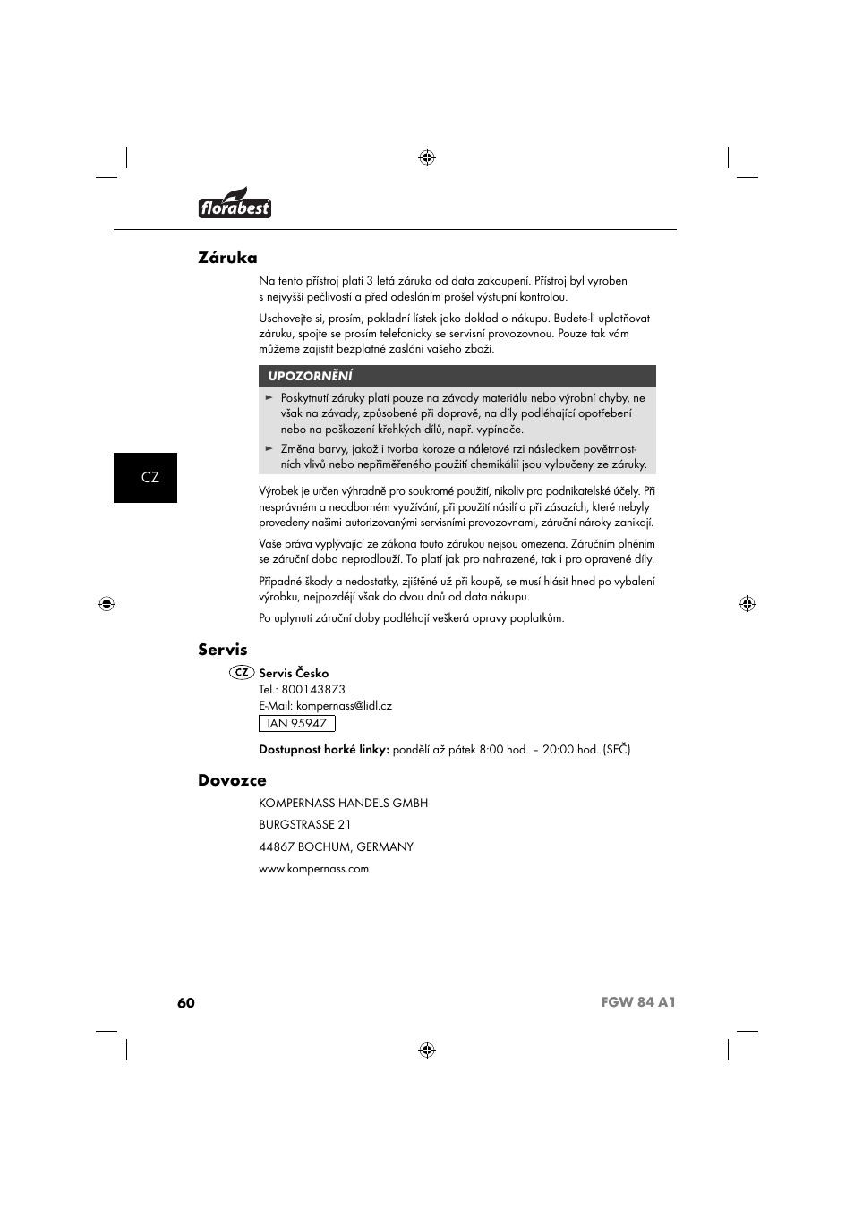 Záruka, Servis, Dovozce | Florabest FGW 84 A1 User Manual | Page 63 / 88