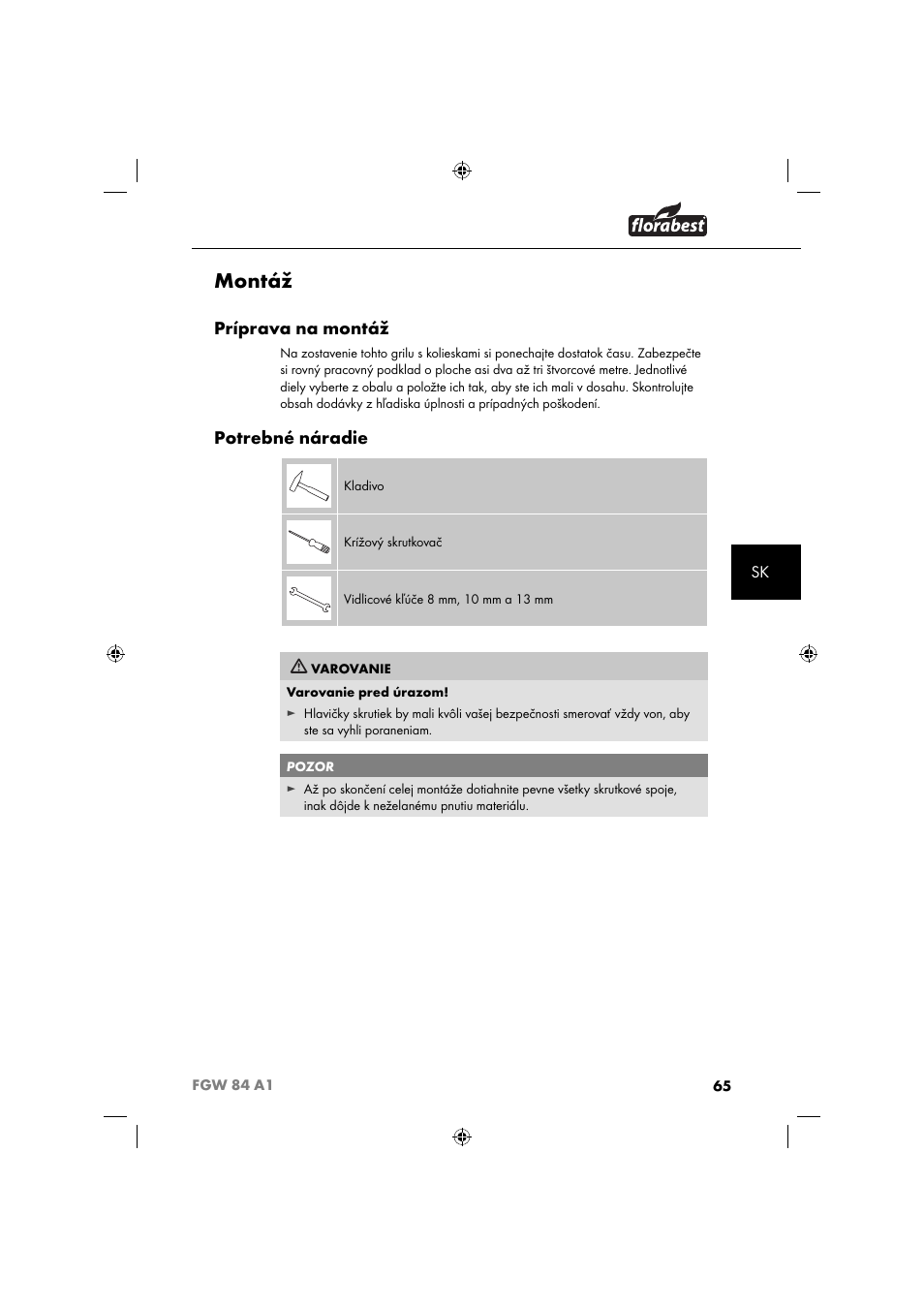 Montáž, Príprava na montáž, Potrebné náradie | Florabest FGW 84 A1 User Manual | Page 68 / 88