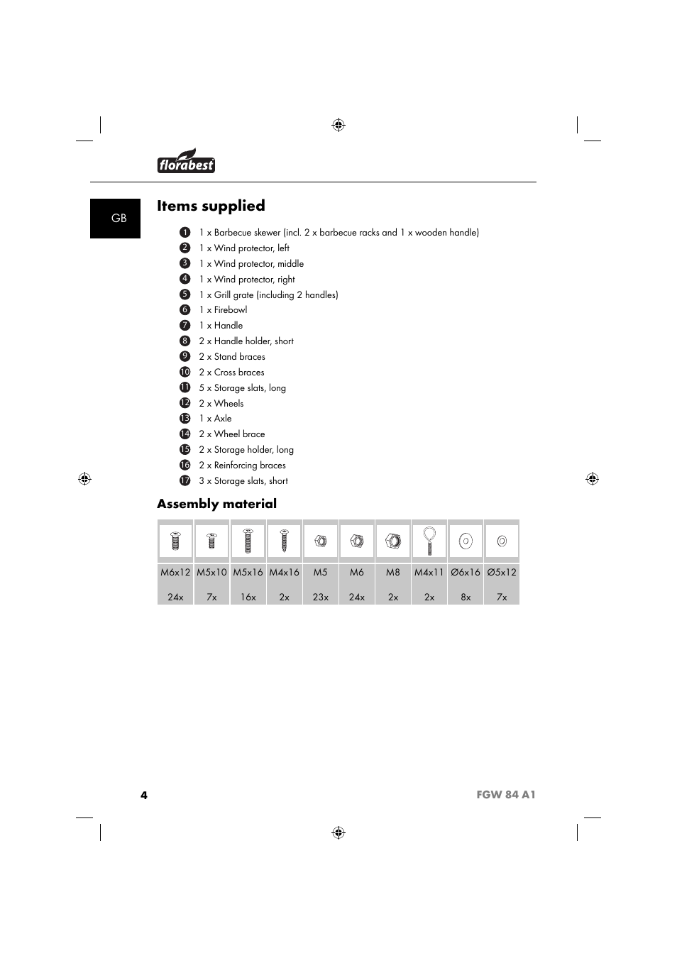 Items supplied, Assembly material | Florabest FGW 84 A1 User Manual | Page 7 / 88