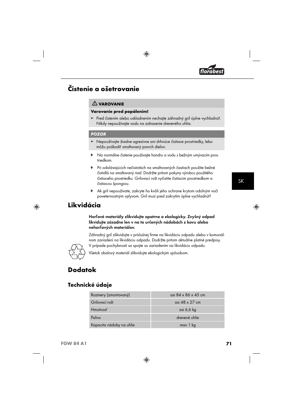 Čistenie a ošetrovanie, Likvidácia, Dodatok | Technické údaje | Florabest FGW 84 A1 User Manual | Page 74 / 88