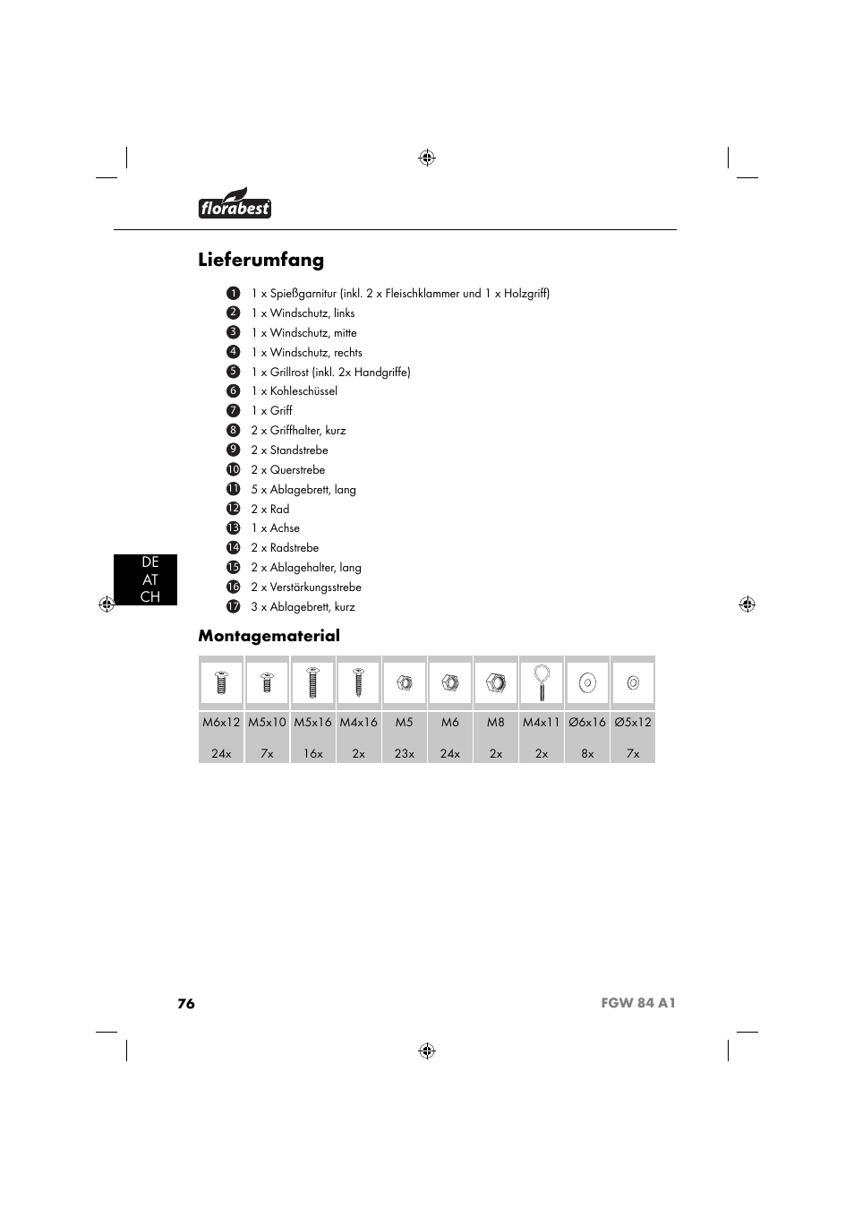 Lieferumfang, Montagematerial, De at ch | Florabest FGW 84 A1 User Manual | Page 79 / 88