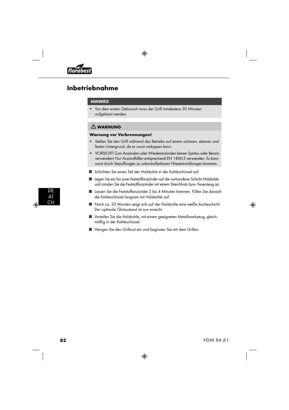 Inbetriebnahme, De at ch | Florabest FGW 84 A1 User Manual | Page 85 / 88