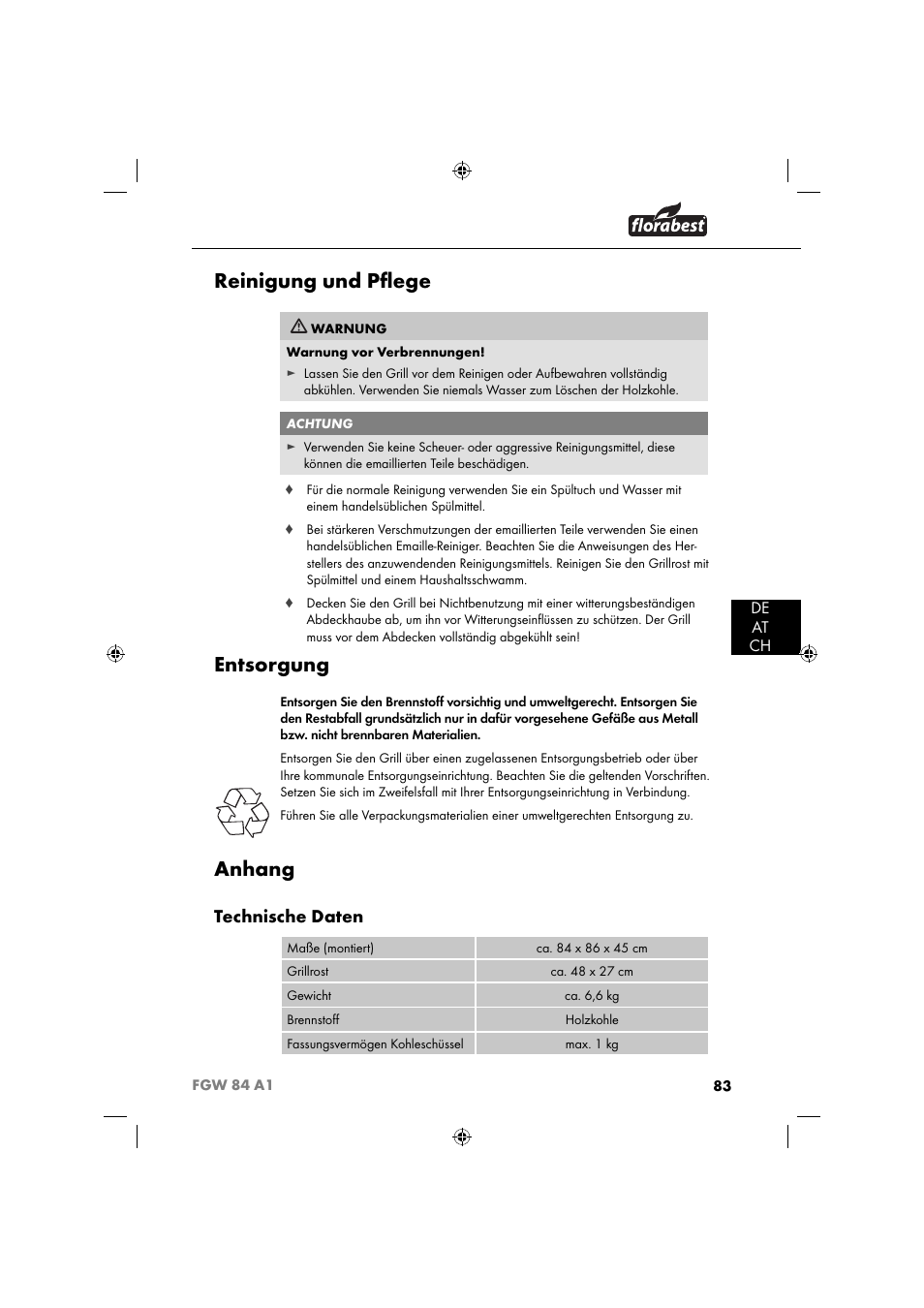Reinigung und pﬂ ege, Entsorgung, Anhang | Technische daten | Florabest FGW 84 A1 User Manual | Page 86 / 88