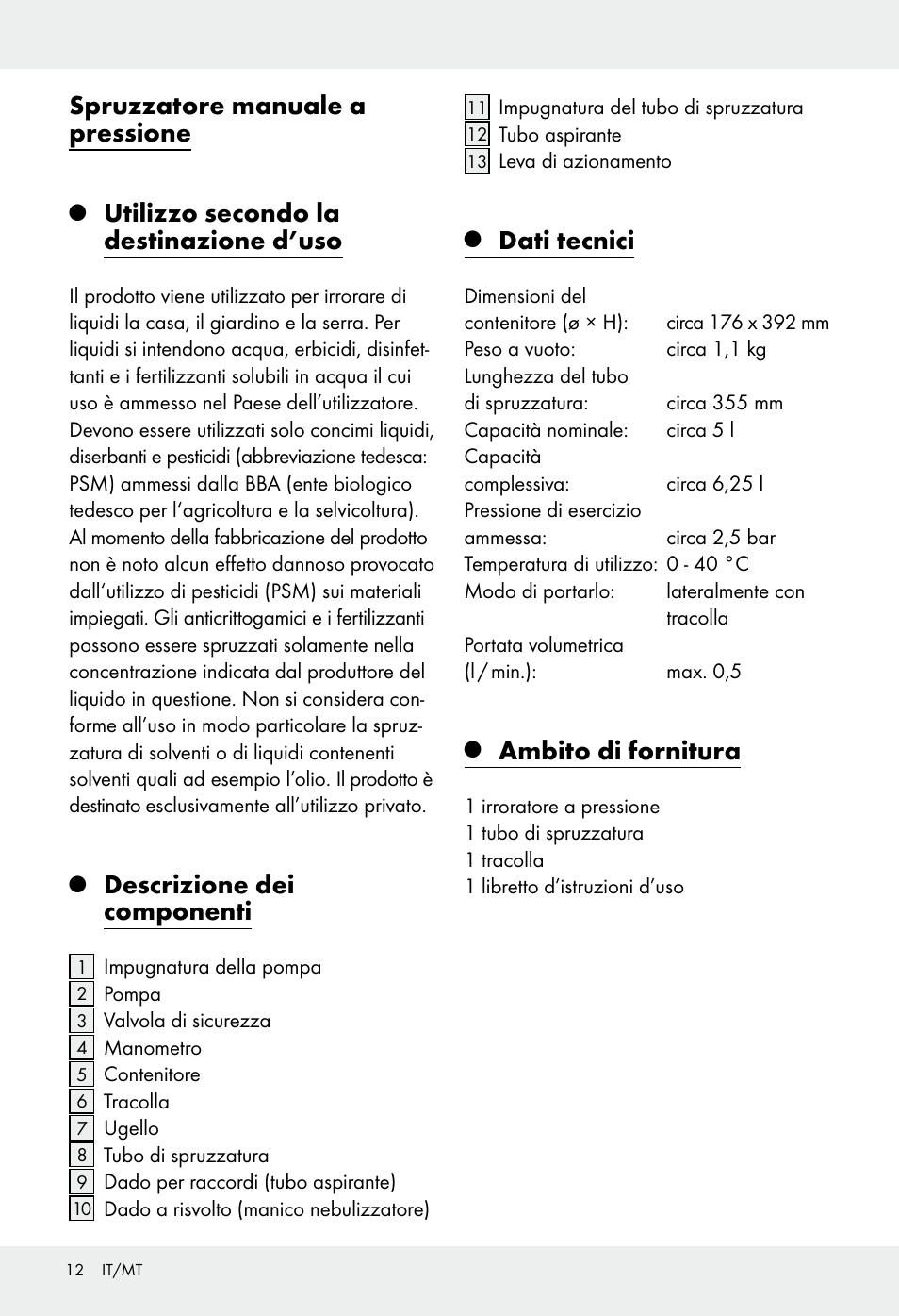 Spruzzatore manuale a pressione, Utilizzo secondo la destinazione d’uso, Descrizione dei componenti | Dati tecnici, Ambito di fornitura | Florabest Z31339 User Manual | Page 12 / 35