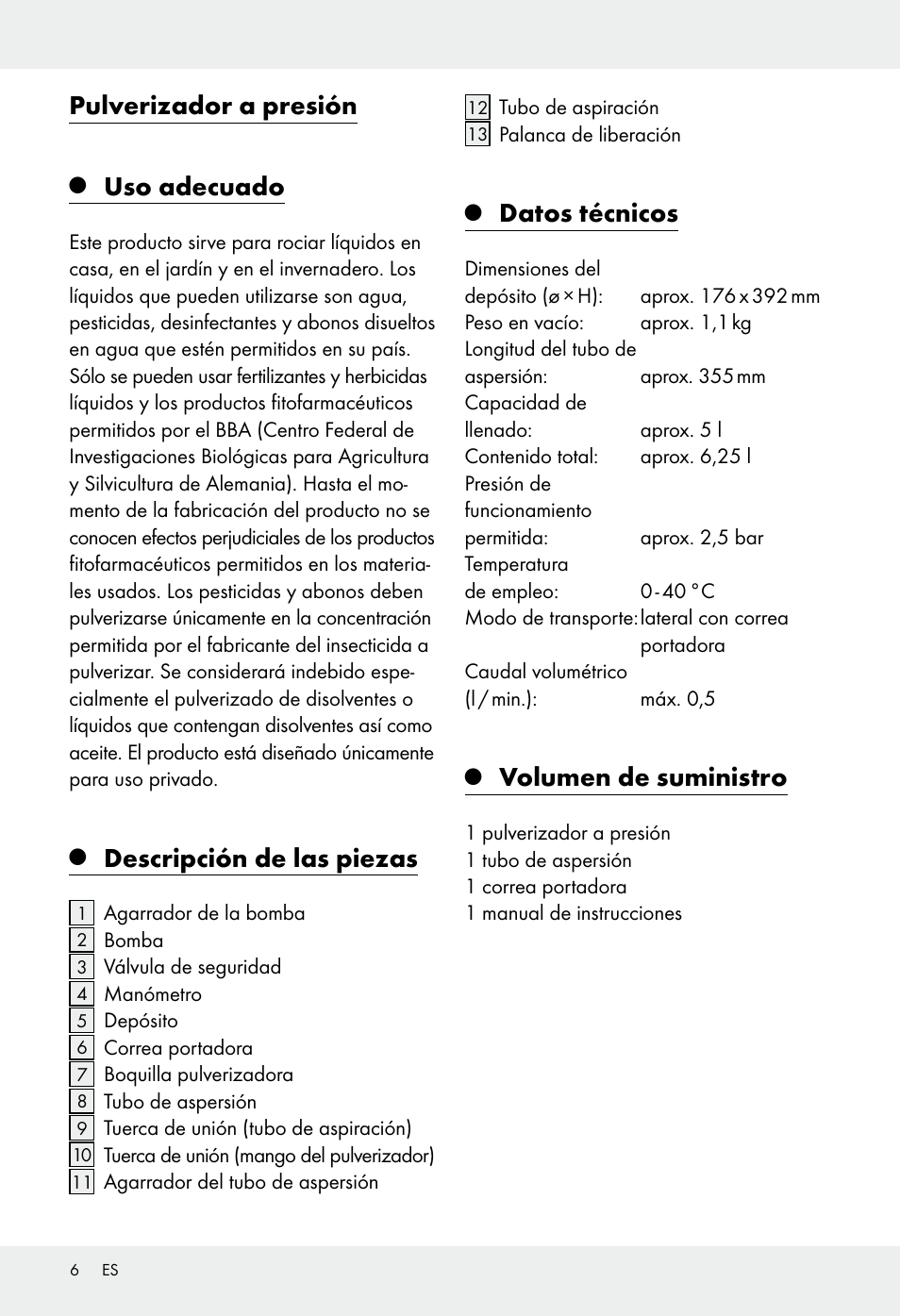 Pulverizador a presión, Uso adecuado, Descripción de las piezas | Datos técnicos, Volumen de suministro | Florabest Z31339 User Manual | Page 6 / 35